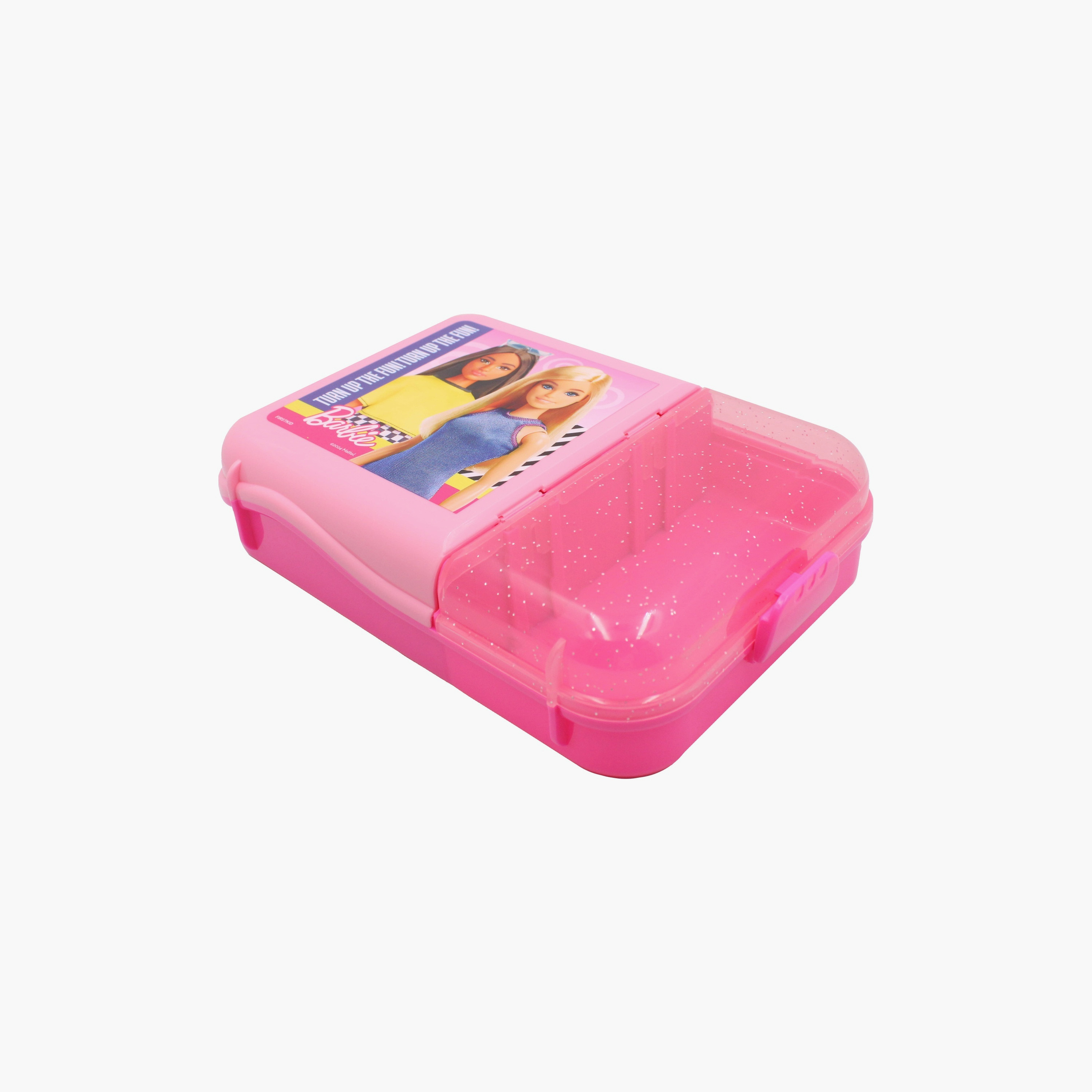 صندوق غداء مطبوع عليه باربي بقطعتين - وردي-school-lunchessentials-lunchboxes-image-1