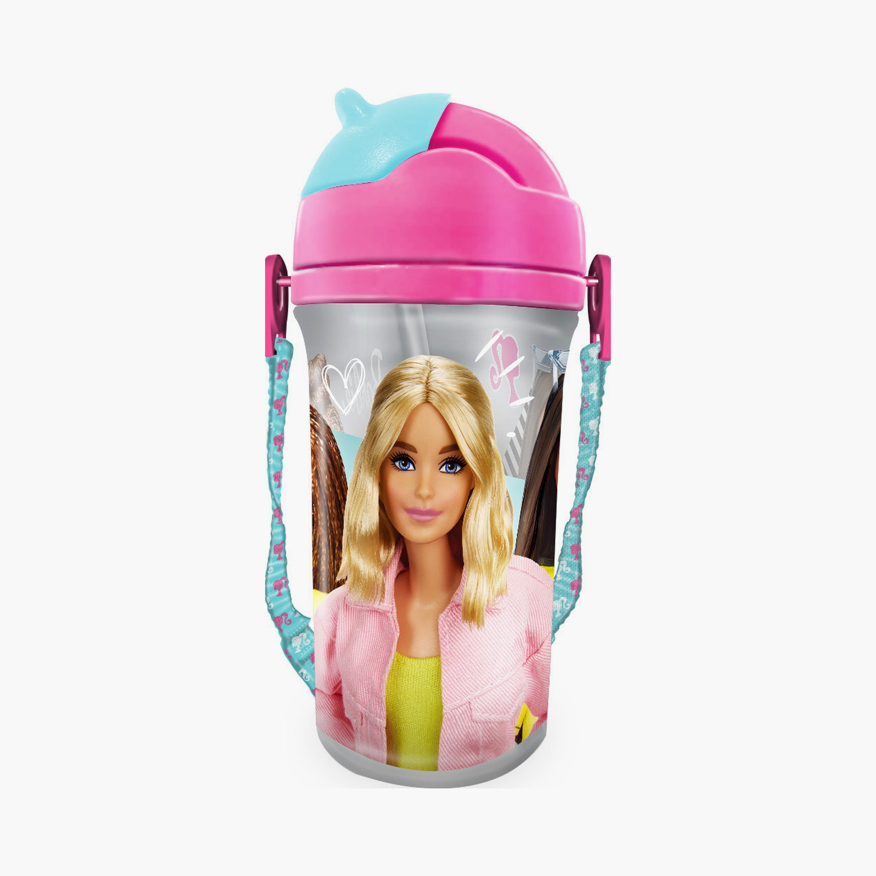 زجاجة ماء مطبوعة عليها باربي مع حزام - 400 مل - وردي-school-waterbottles-image-1