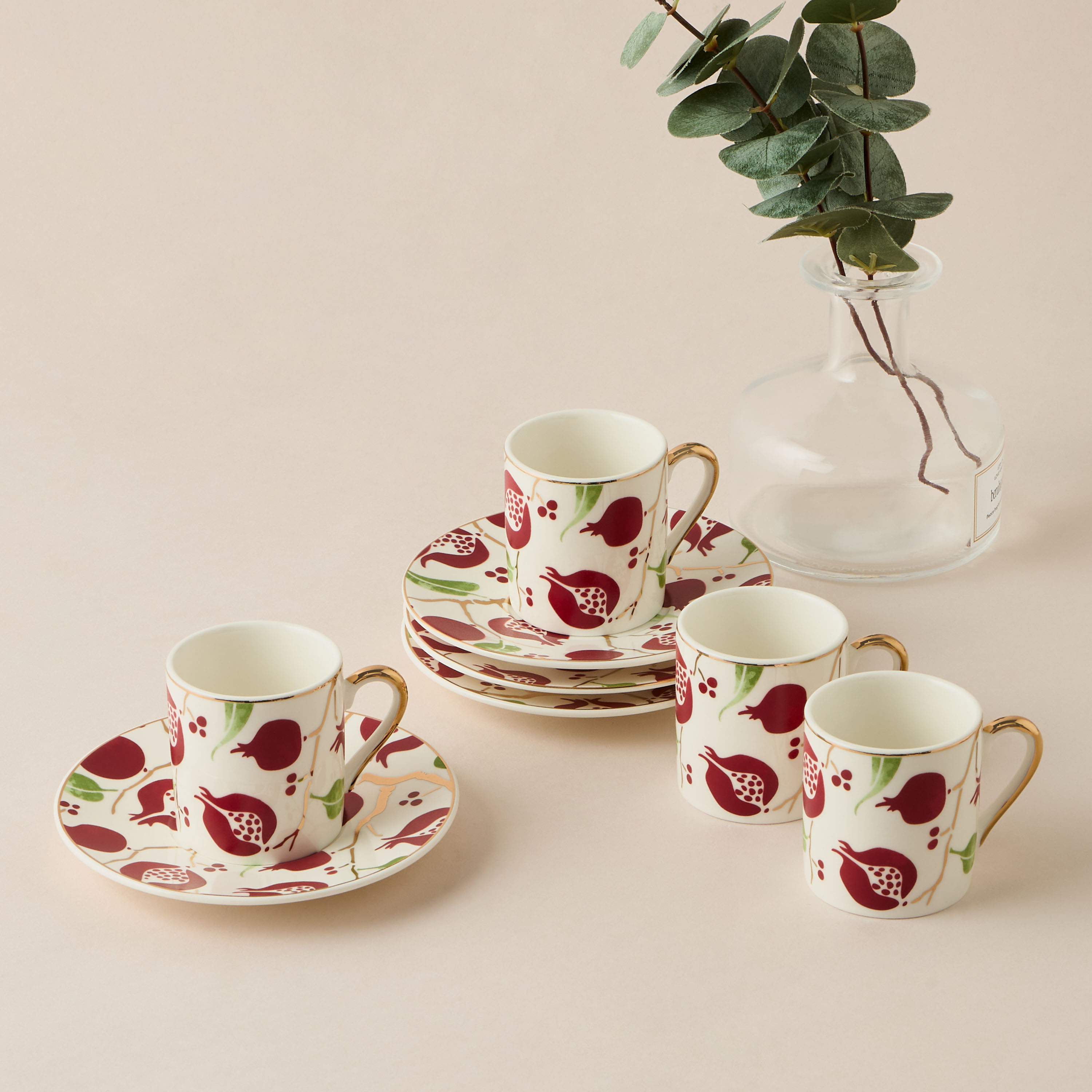 Pomegranate Print Bone China 8-Piece Cup and Saucer Set - 85 ml-household-dining-teaandcoffee-teaandcoffeesets-image-1