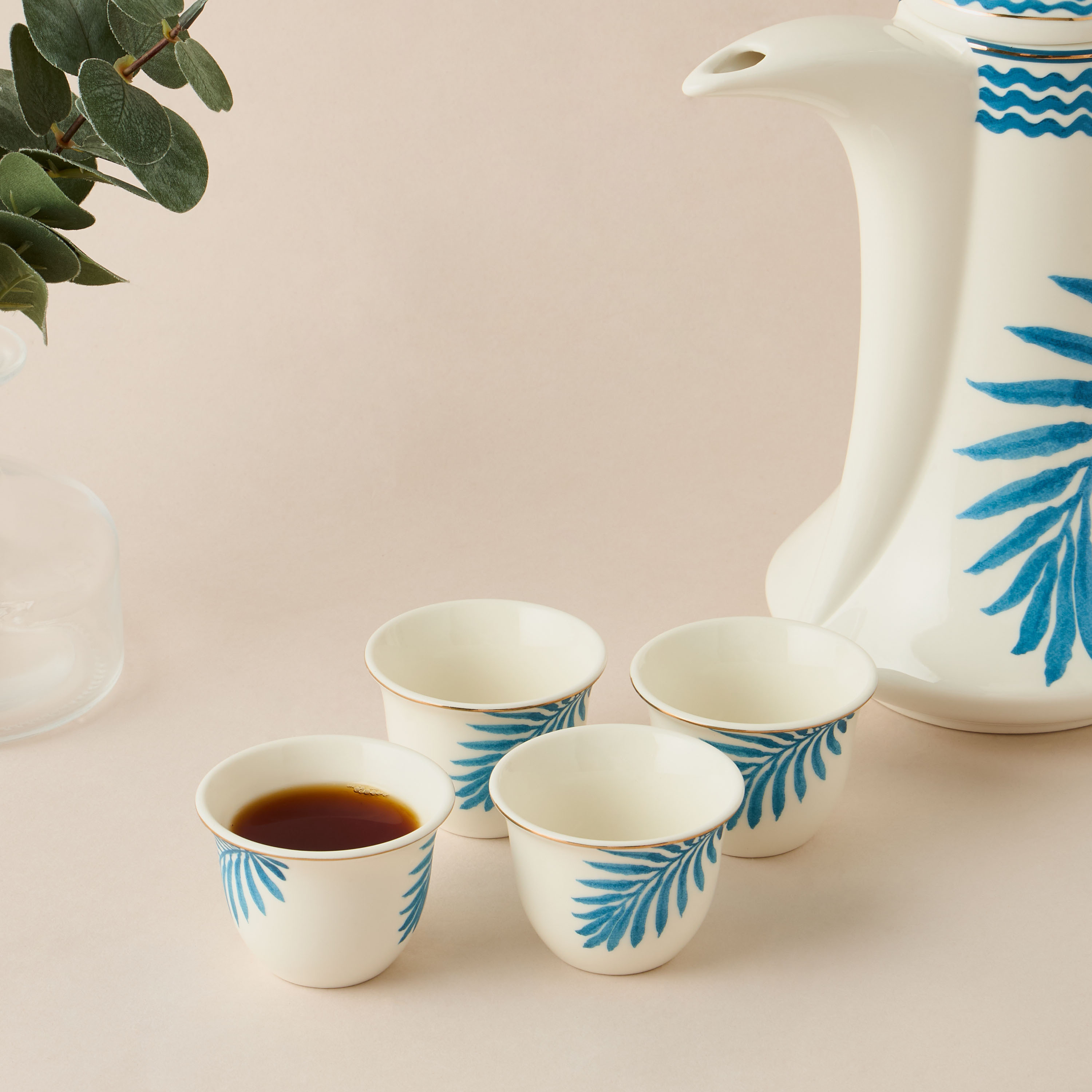 Leaf Print Bone China 4-Piece Kahwa Cup Set with Teapot-household-dining-teaandcoffee-teaandcoffeesets-image-2