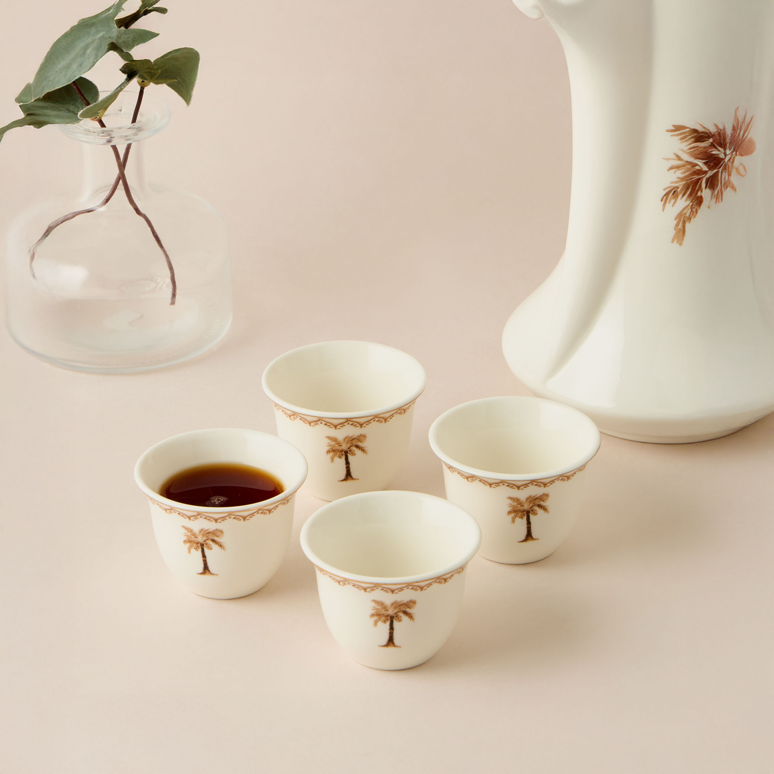Palm Tree Print Bone China 4-Piece Kahwa Cup Set with Teapot-household-dining-teaandcoffee-teaandcoffeesets-image-2