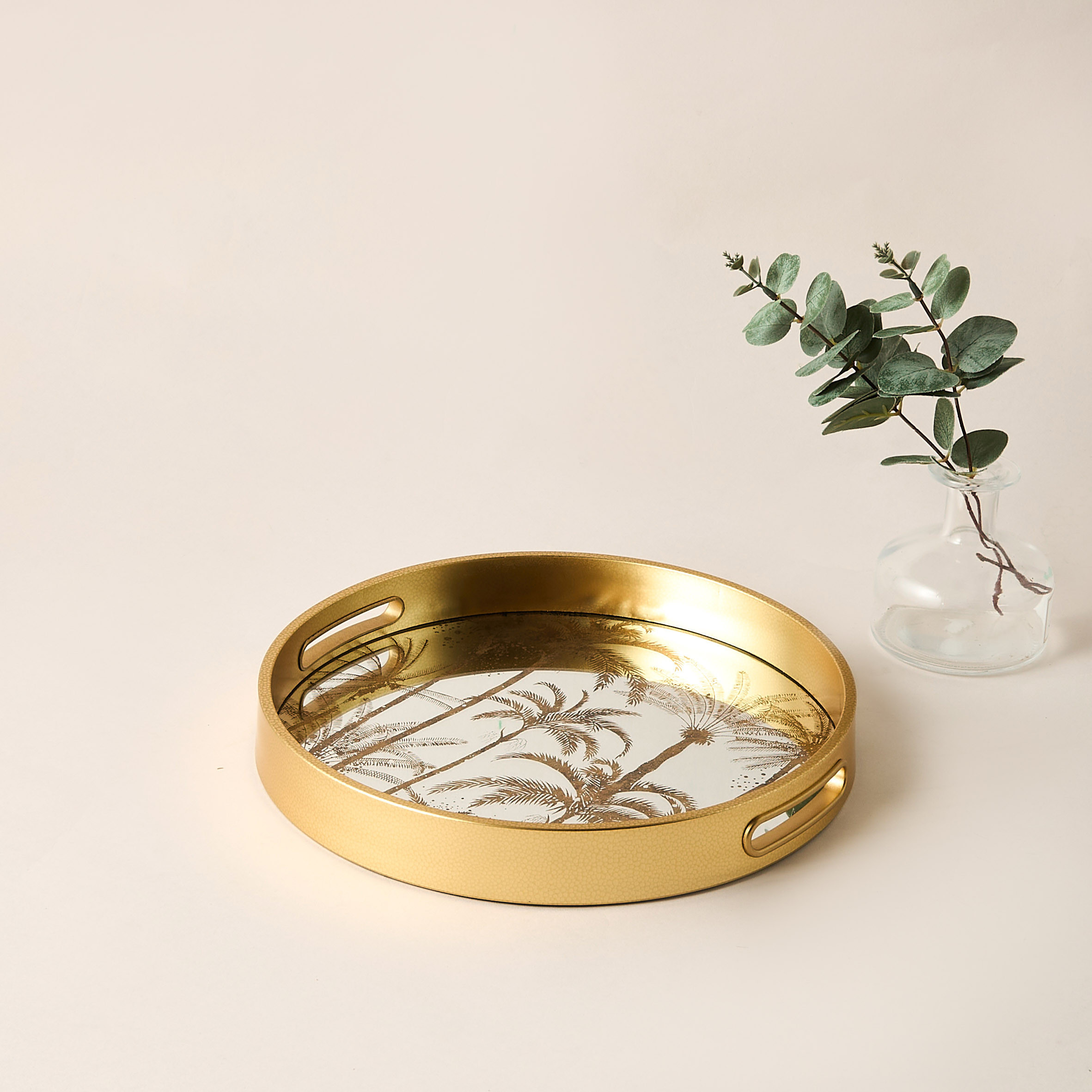 Palm Tree Print Round Decorative Tray with Cutout Handle - 30x30 cms-household-decor-boxesandtrays-image-1