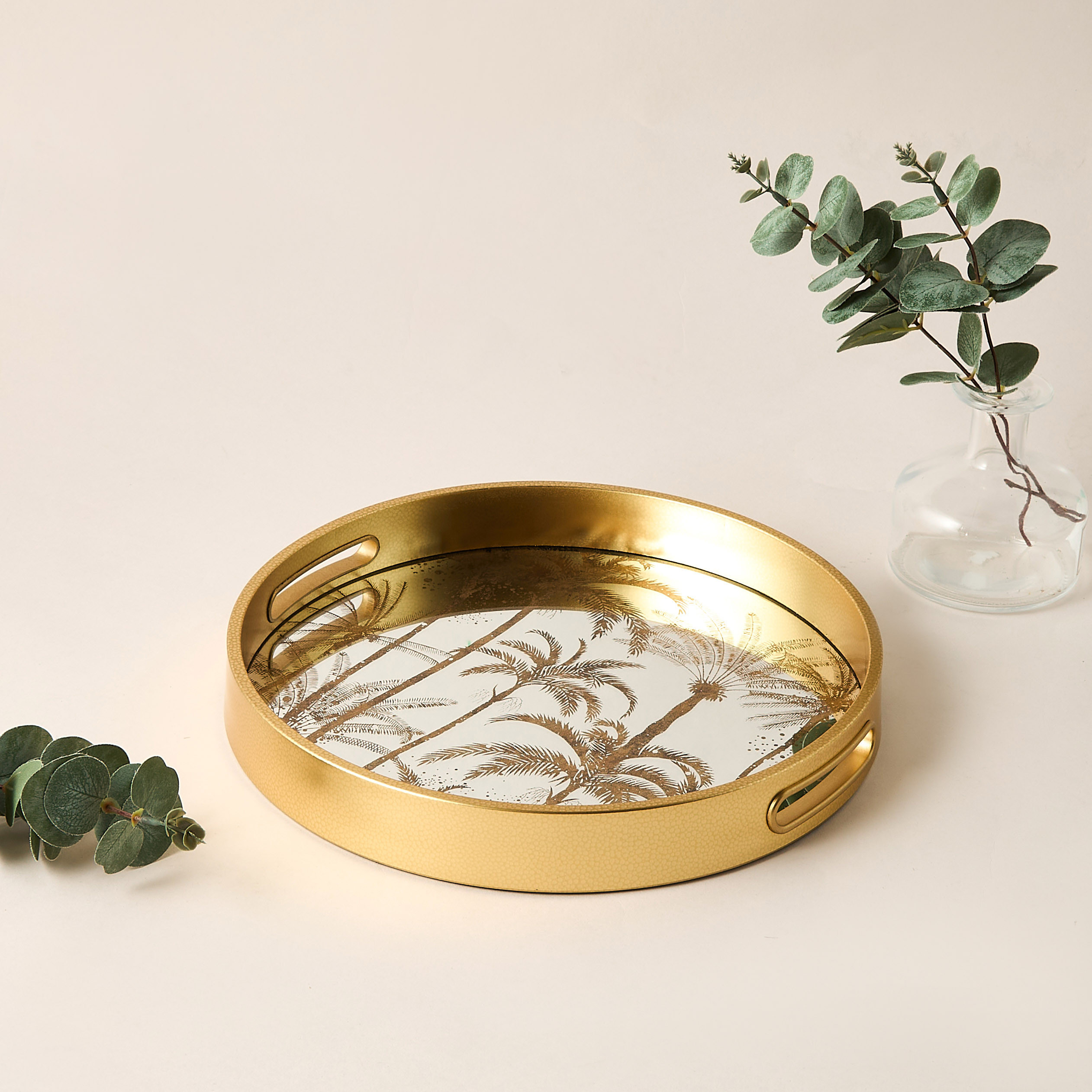 Palm Tree Print Round Decorative Tray with Cutout Handle - 30x30 cms-household-decor-boxesandtrays-image-2