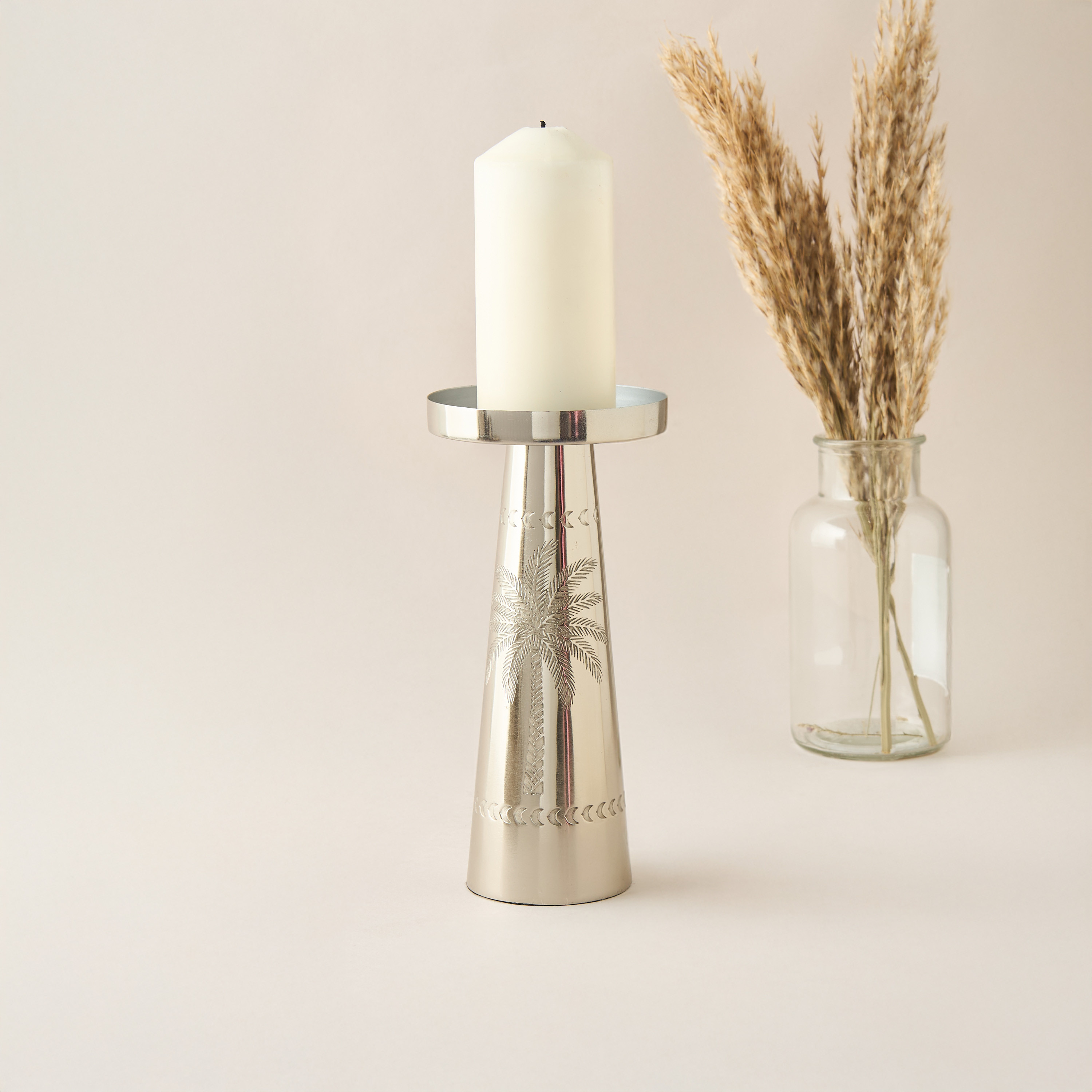 Palm Tree Engraved Metal Pillar Candleholder - 21 cms-household-decor-candleholdersandlanterns-image-2