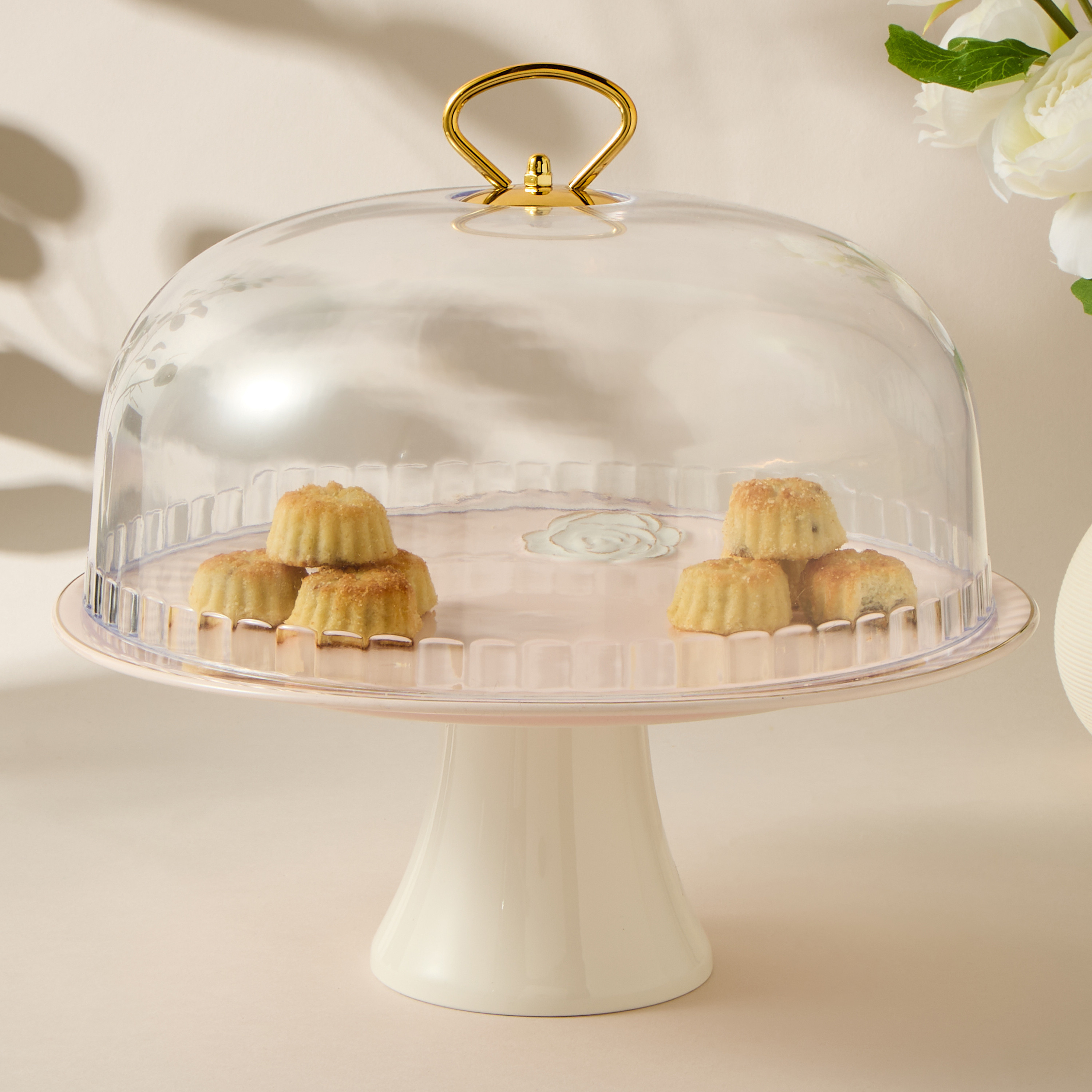 Rose Accent Porcelain Cake Stand with Dome Lid - 28 cms-household-dining-serveware-cakestands-image-1