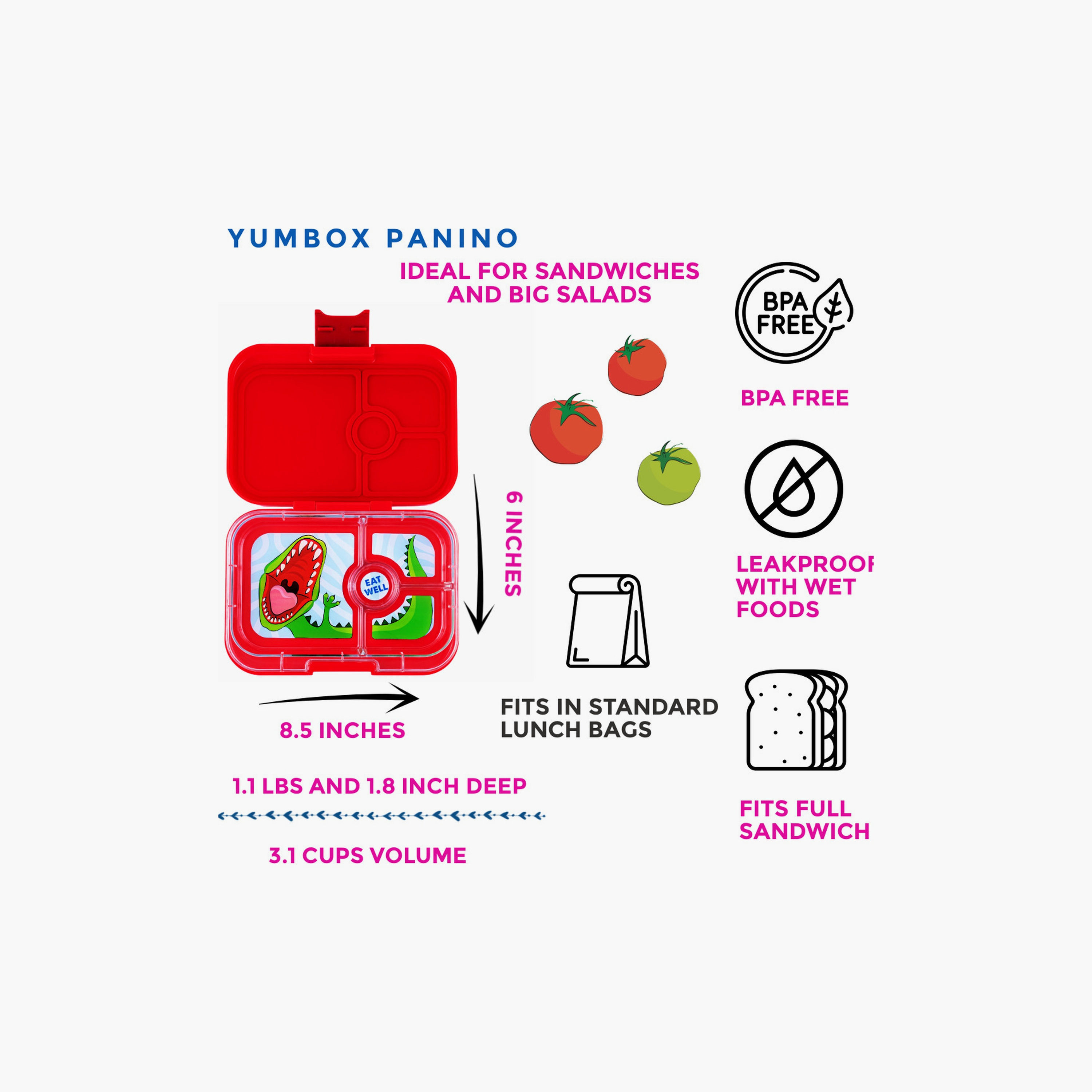 Yumbox 4 Compartment Dino Printed Lunch Box - Red-school-lunchessentials-lunchboxes-image-4