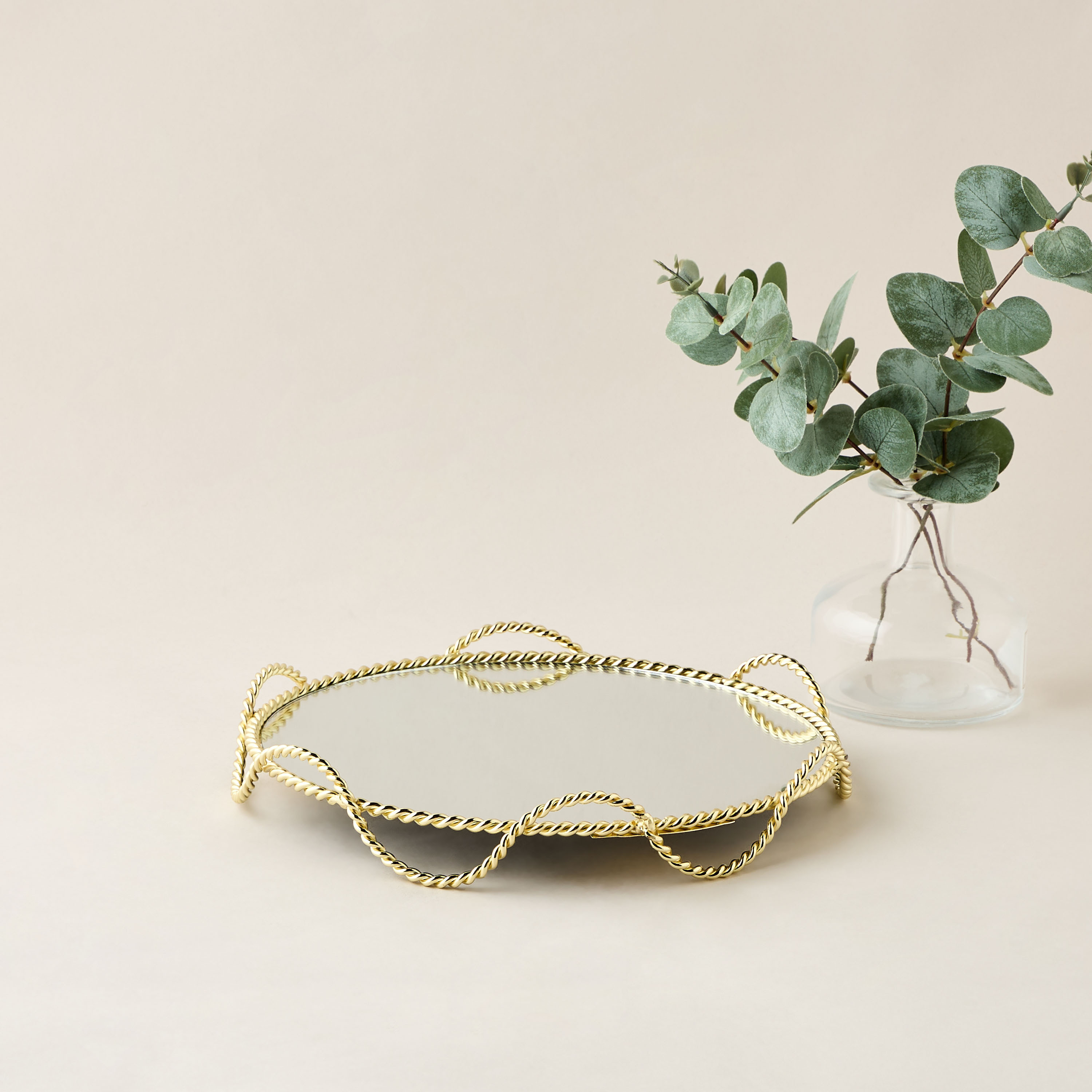 Twisted Metal Round Mirrored Decorative Tray - 31x11 cms-household-decor-boxesandtrays-image-1