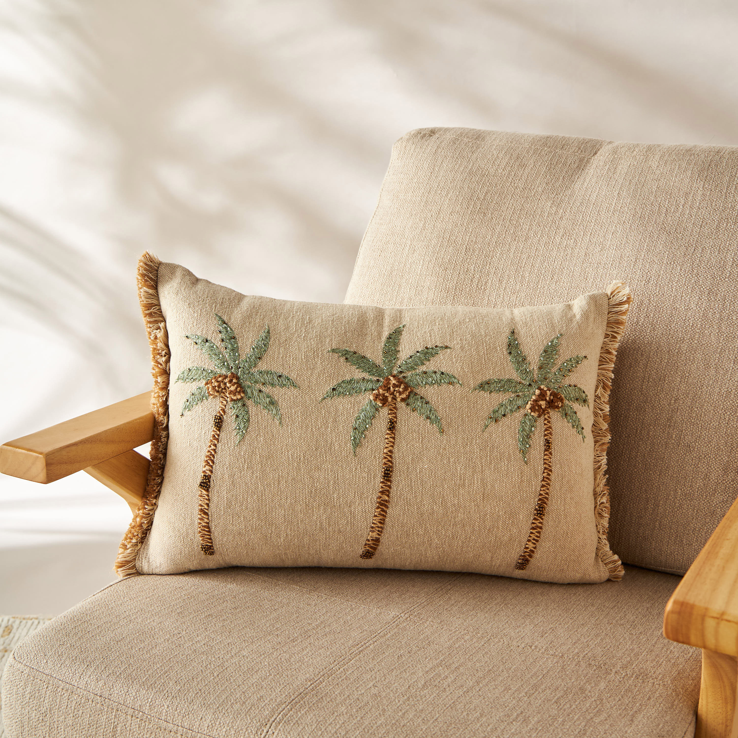 Embroidered Palm Cushion with Fringe - 50x35 cms-household-cushionsandthrows-filledcushions-decorativecushions-image-2
