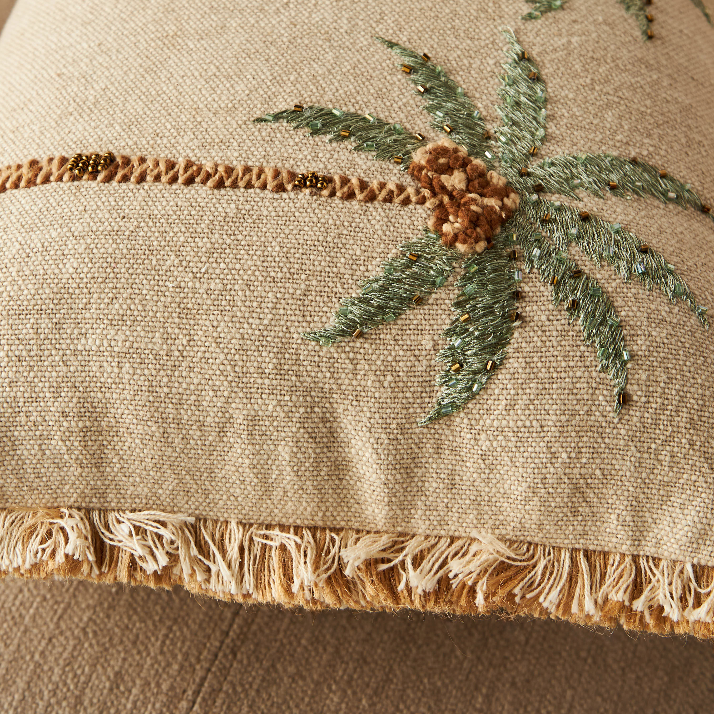 Embroidered Palm Cushion with Fringe - 50x35 cms-household-cushionsandthrows-filledcushions-decorativecushions-image-3