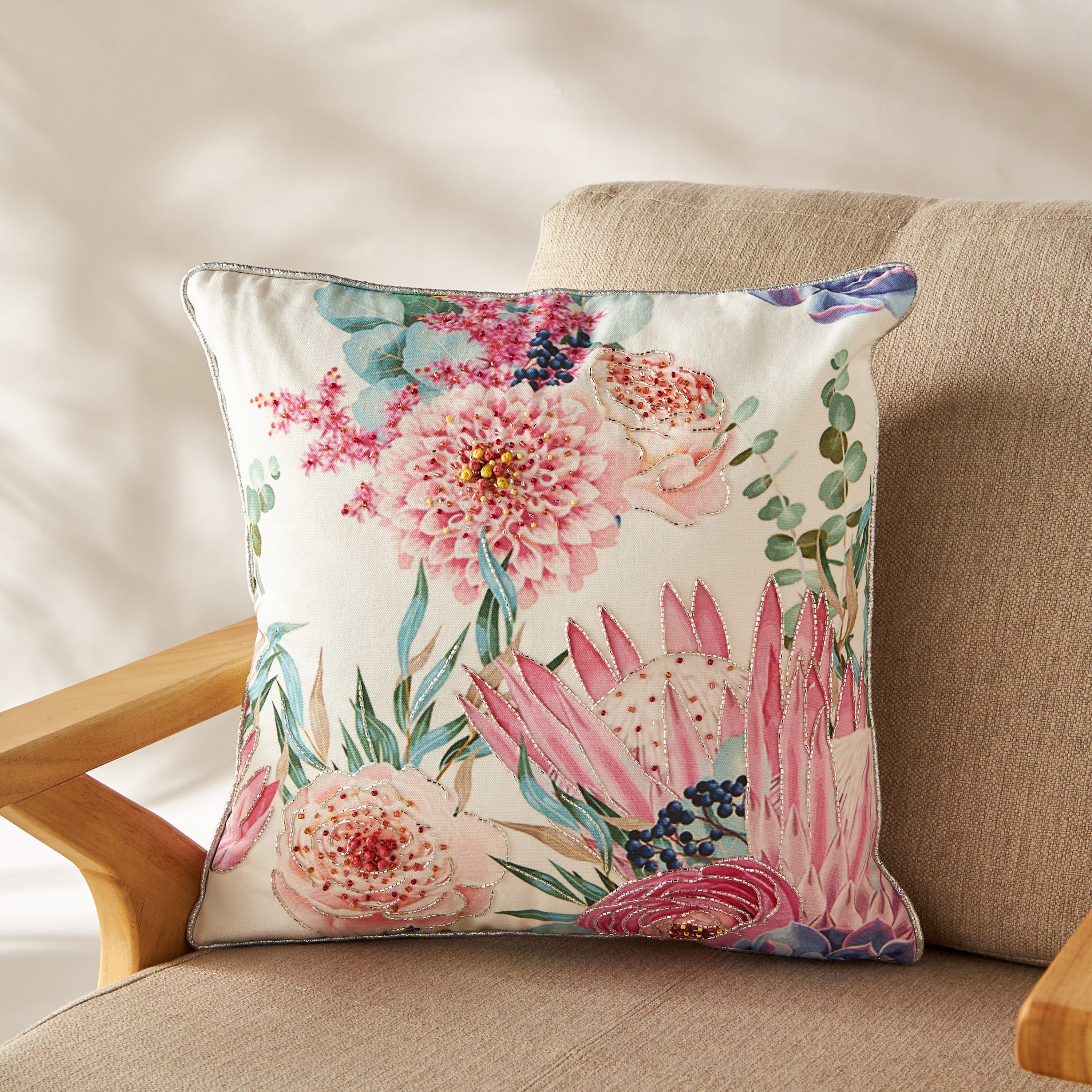 Embellished Floral Decorative Filled Cushion - 45x45 cms-household-cushionsandthrows-filledcushions-decorativecushions-image-2
