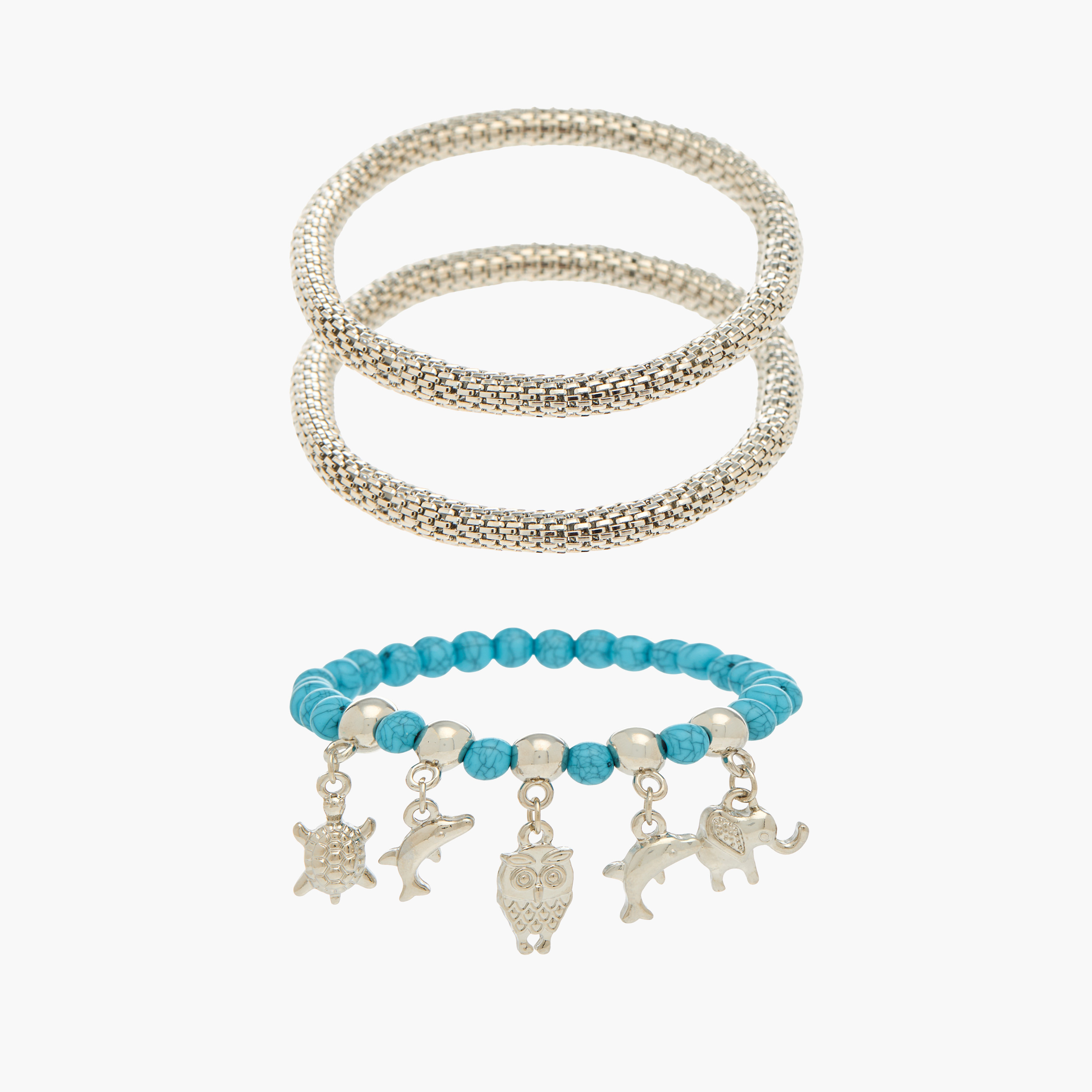 مجموعة أساور معدن متنوعة 3 قطع بتشطيب فضي-women-watchesandjewellery-jewellery-banglesandbracelets-image-1