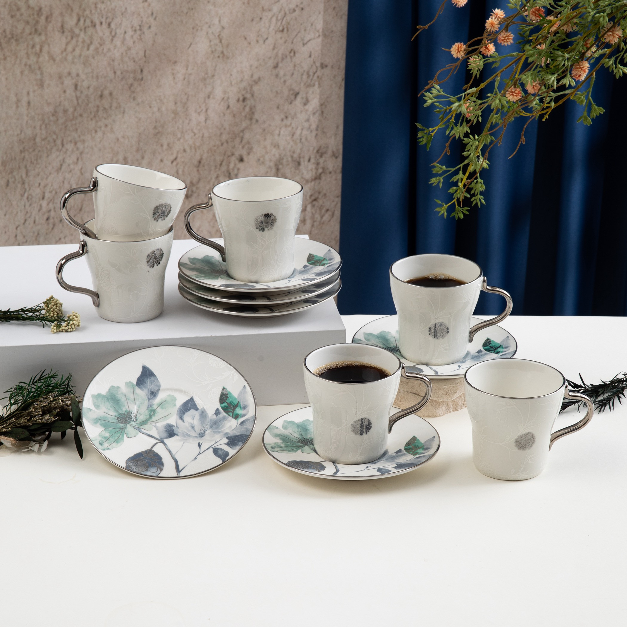 Otantik Floral Porcelain Coffee Cup and Saucer Set-household-dining-teaandcoffee-teaandcoffeesets-image-1