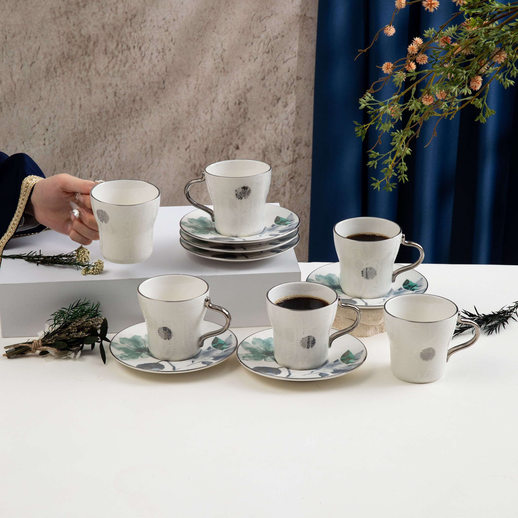 Otantik Floral Porcelain Coffee Cup and Saucer Set-household-dining-teaandcoffee-teaandcoffeesets-image-3