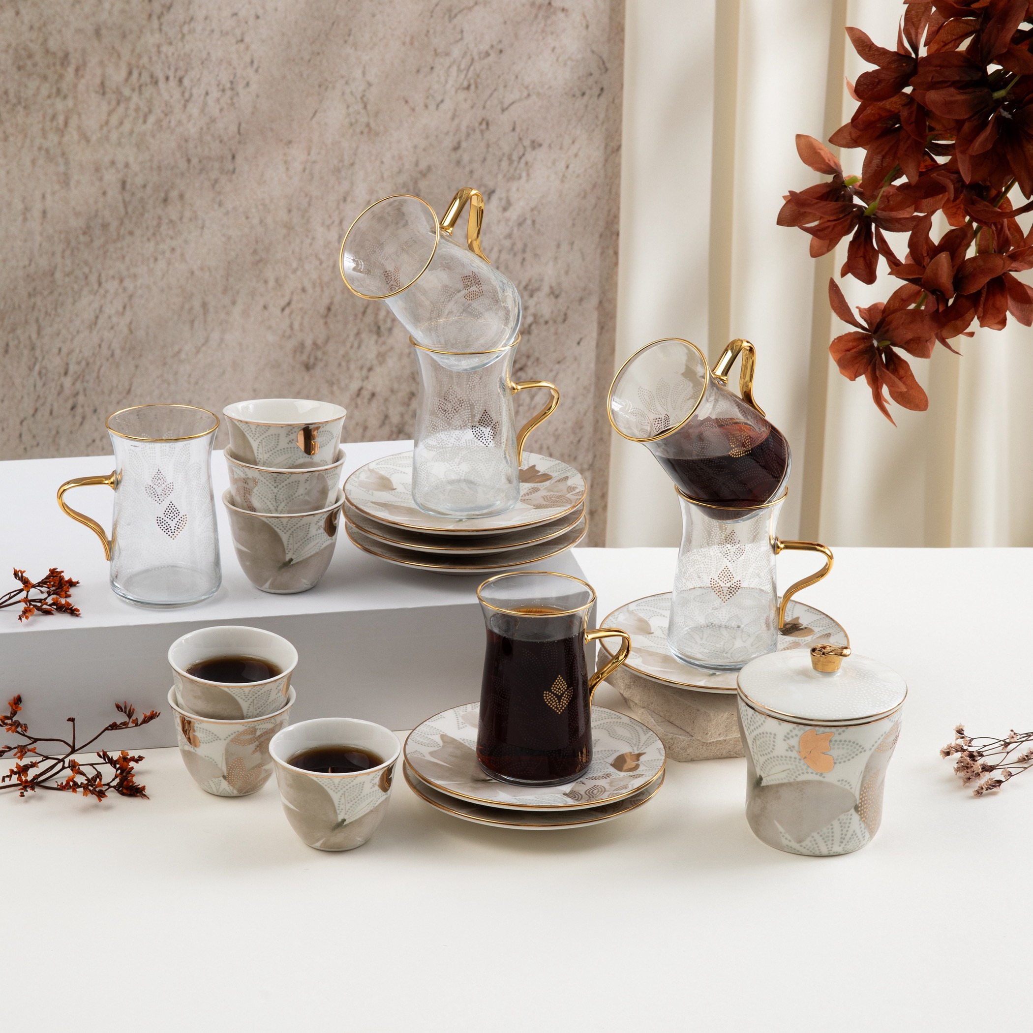 أوتانتيك طقم شاي وقهوة زجاجي مزخرف-household-dining-teaandcoffee-teaandcoffeesets-image-1