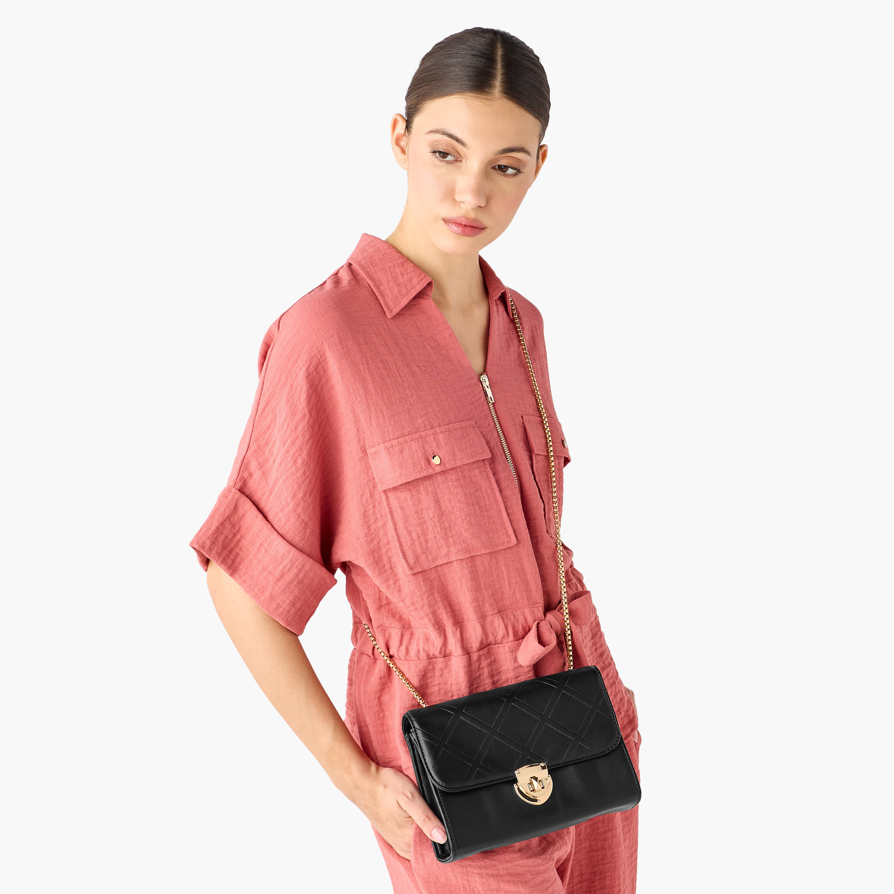 Adore Sam Textured Sling Bag with Chain Strap-women-bagsandwallets-handbags-image-2