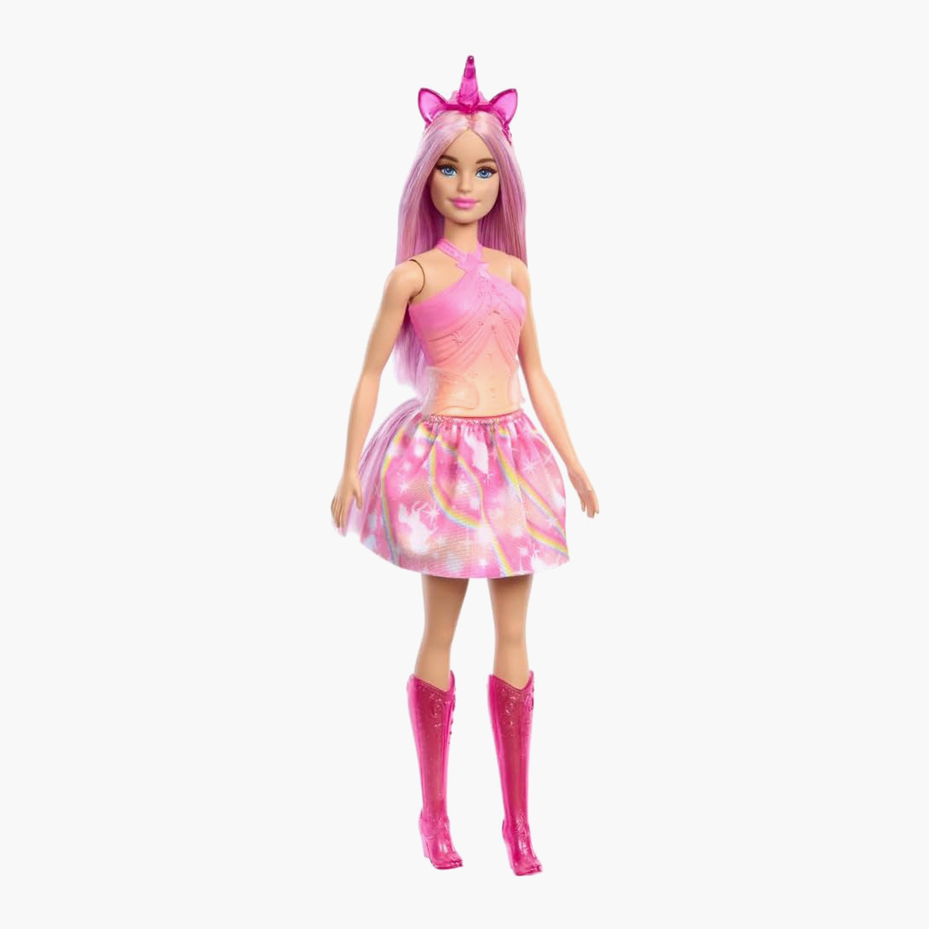 دمية يونيكورن بشعر خيالي وردي وزي ملون وإكسسوارات بطابع يونيكورن من باربي-toys-dollsandplaysets-dolls-image-1