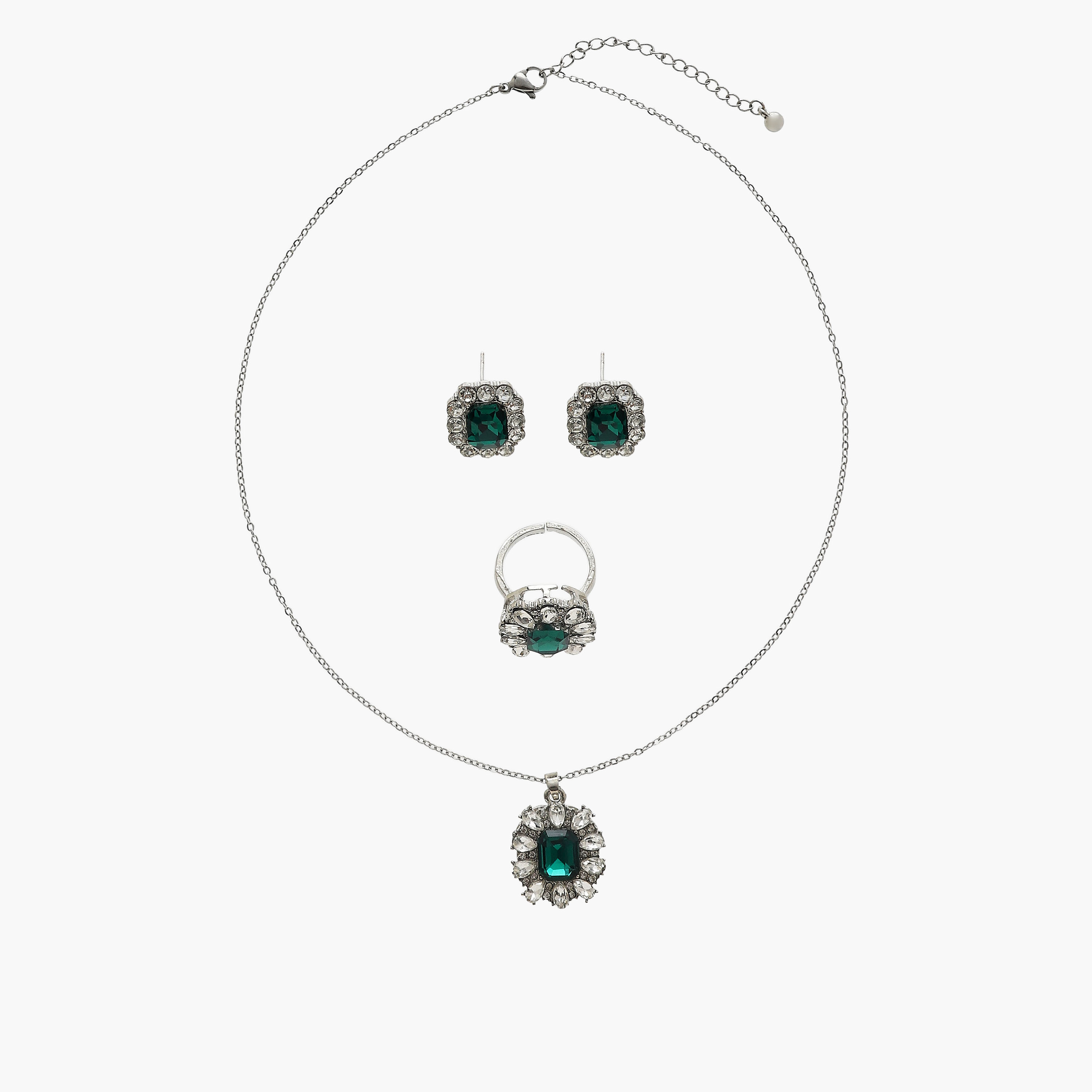 خاتم وحلق وعقد معدن بتزيينات ماسية - طقم من 3 قطع-women-watchesandjewellery-jewellery-jewellerysets-image-1