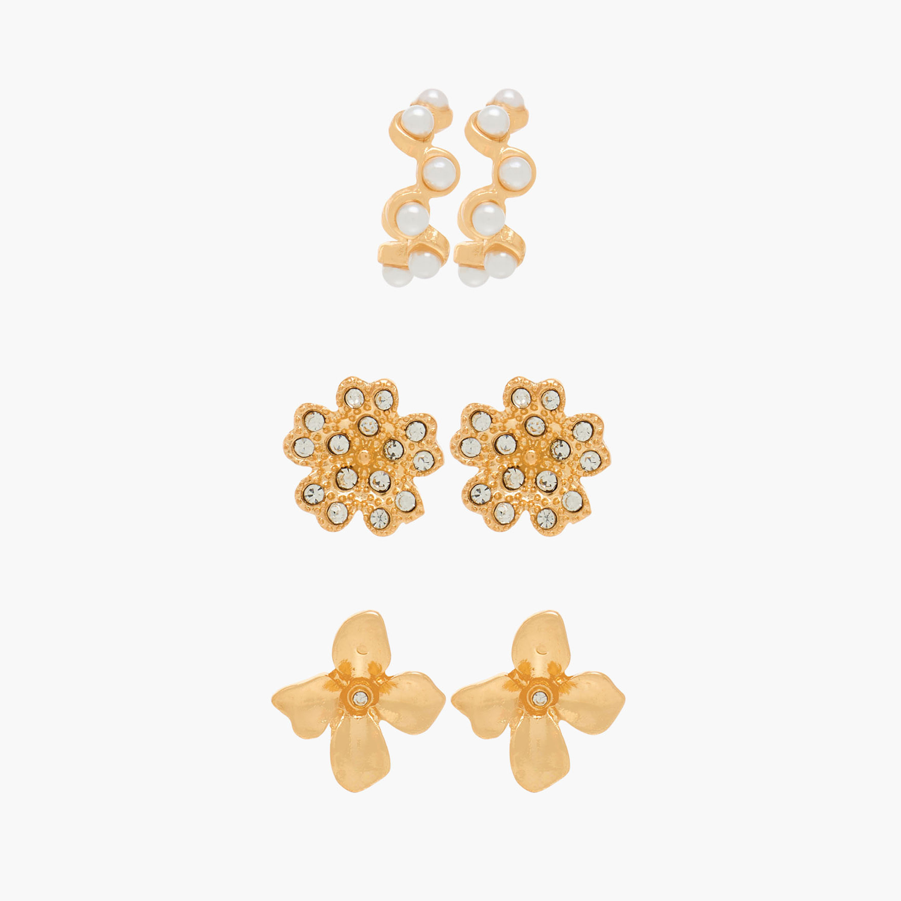 Pack of 3 Gold Tone Embellished Stud Earrings with Pushback Closure-women-watchesandjewellery-jewellery-earrings-image-1