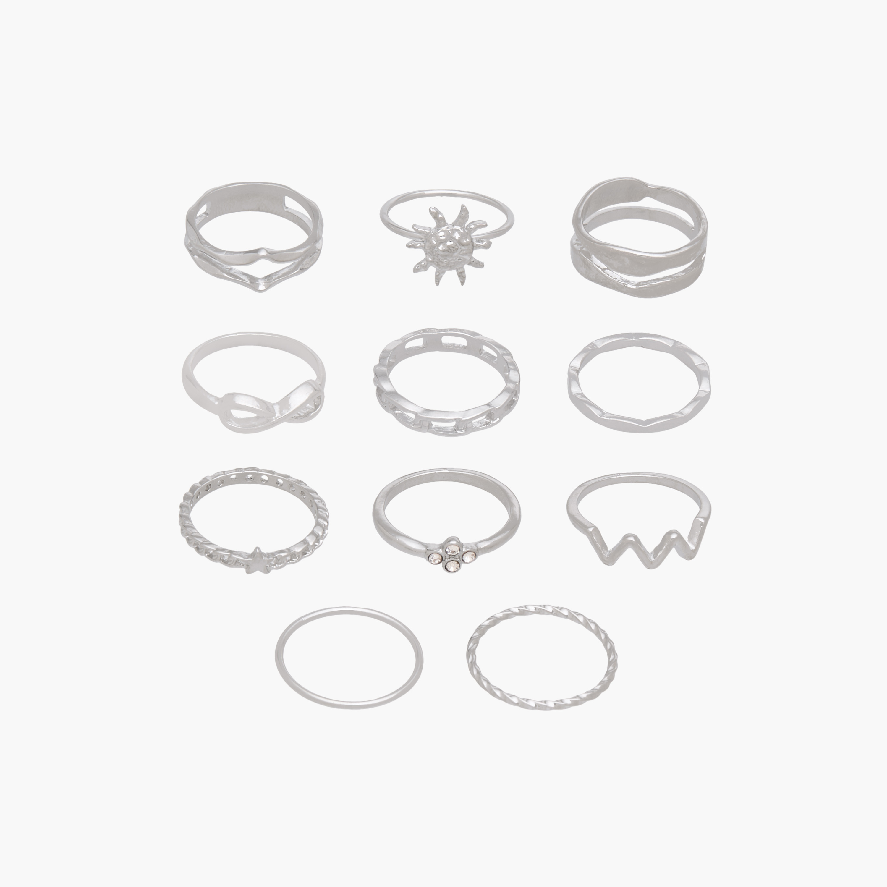 Set of 11 Silver Tone Ring with Embellished Design-women-watchesandjewellery-jewellery-rings-image-1