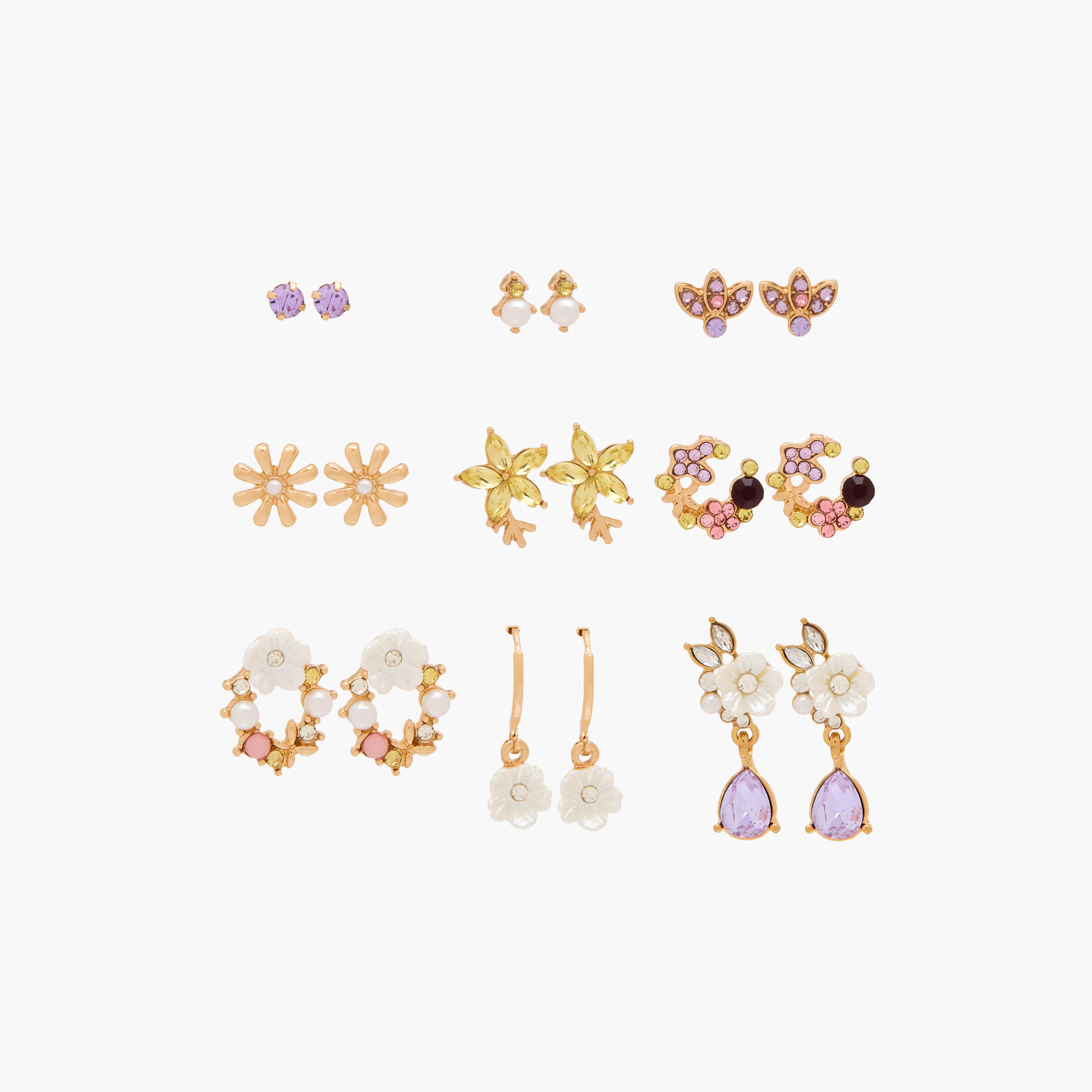 Pack of 9 Gold Tone Stone Embellished Earrings with Pushback Closure-women-watchesandjewellery-jewellery-earrings-image-1