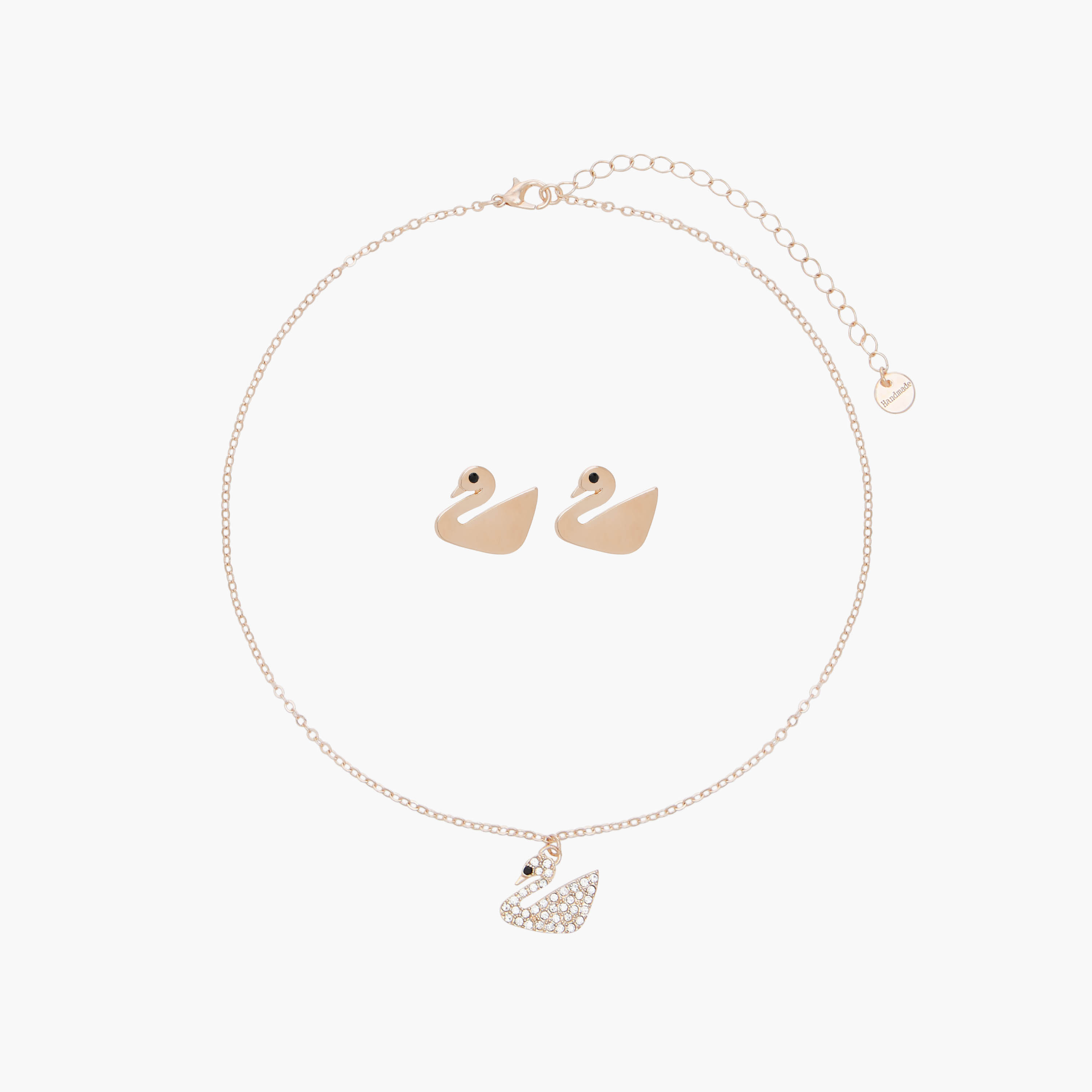 حلق وعقد معدني مزين بأحجار ودلاية بجعة - طقم من قطعتين-women-watchesandjewellery-jewellery-jewellerysets-image-1