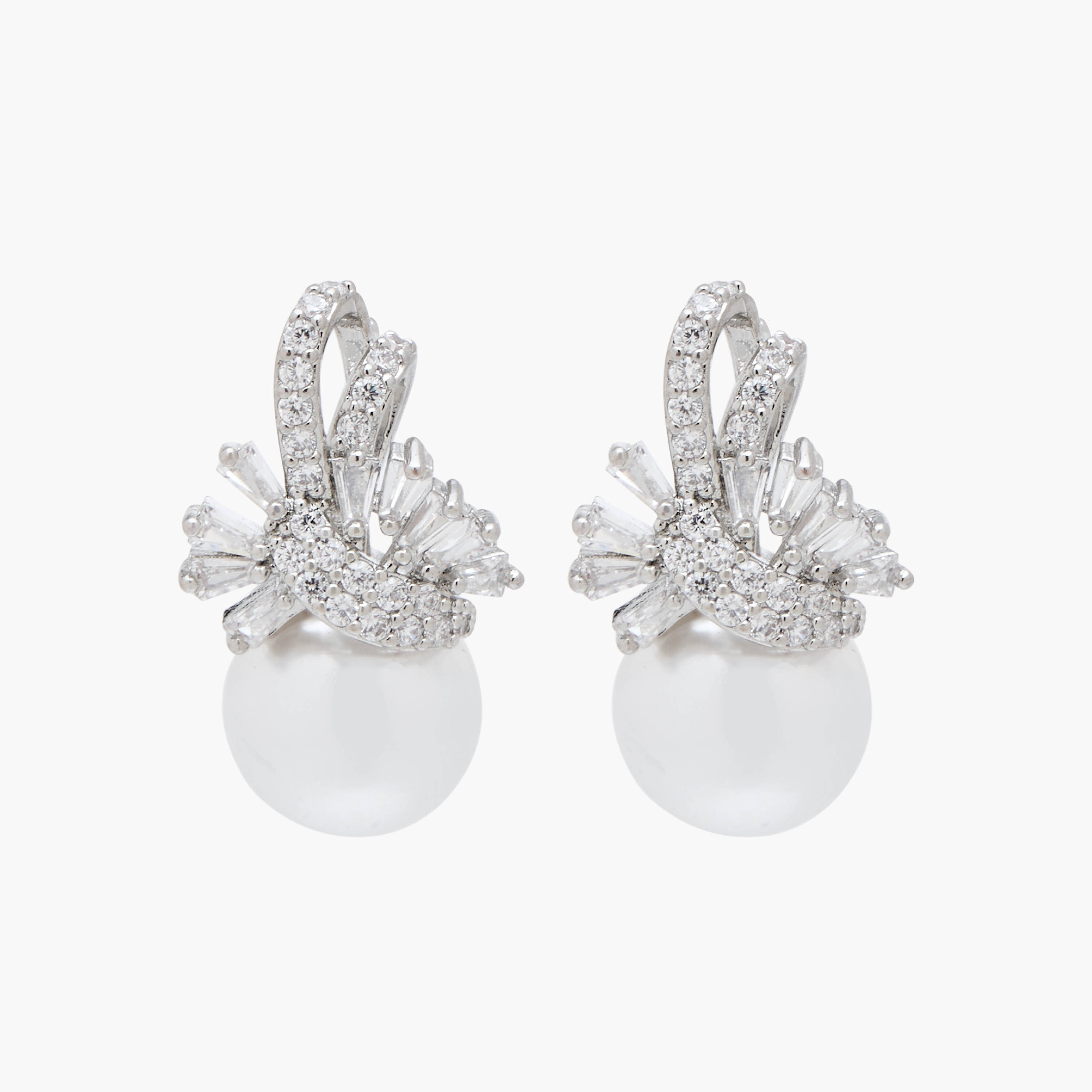 Silver Tone Cubic Zirconia Pearl Embellished Drop Earrings with Pushback Closure-women-watchesandjewellery-jewellery-earrings-image-1
