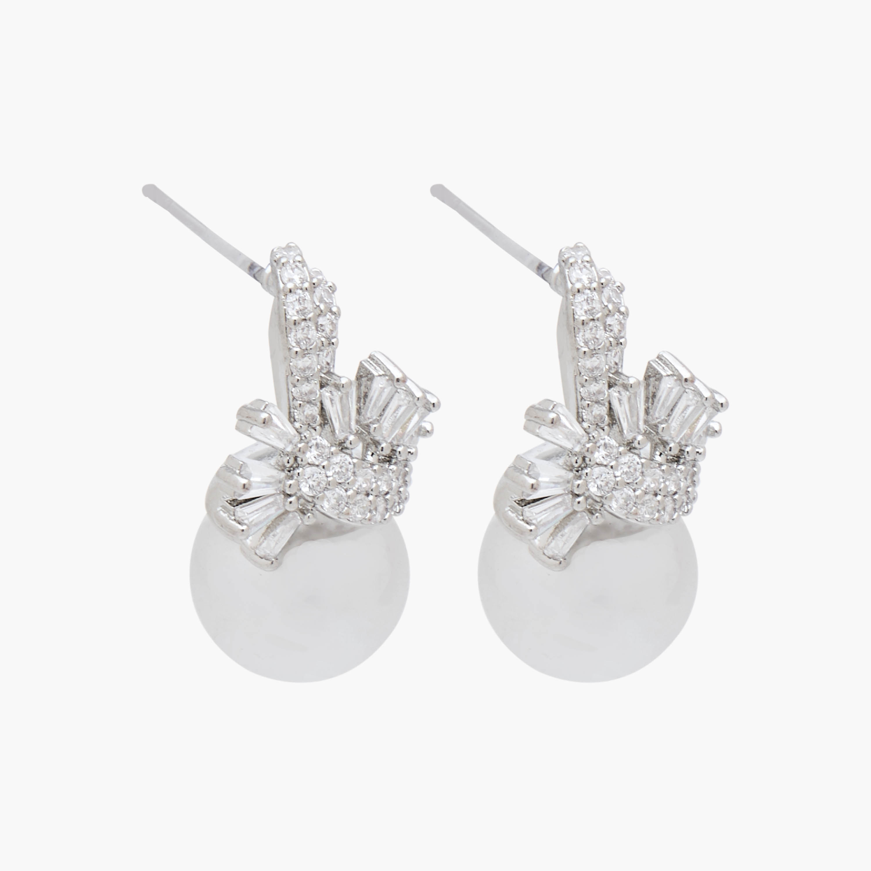 Silver Tone Cubic Zirconia Pearl Embellished Drop Earrings with Pushback Closure-women-watchesandjewellery-jewellery-earrings-image-2