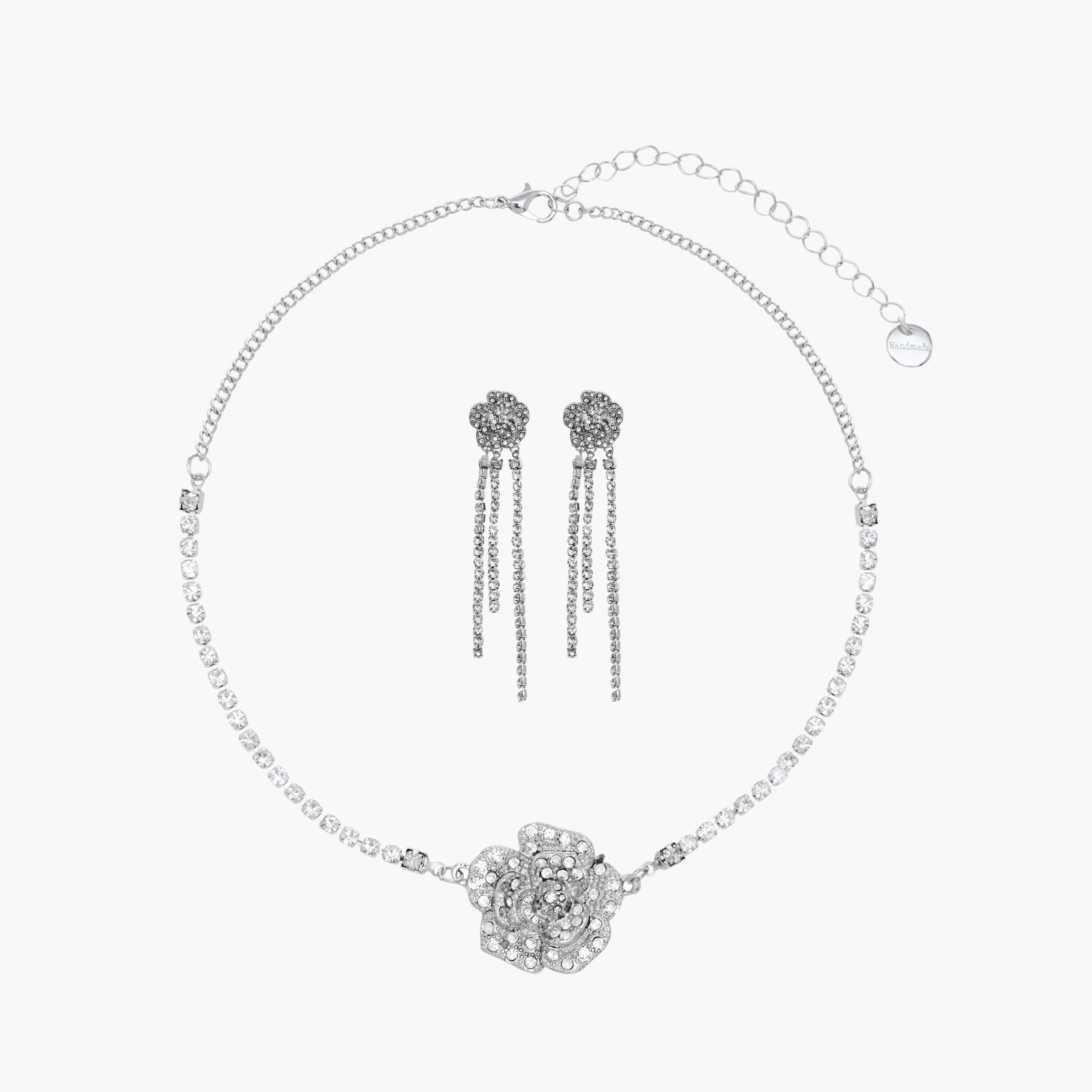 Set of 2 - Floral Embellished Metallic Necklace and Earrings-women-watchesandjewellery-jewellery-jewellerysets-image-1