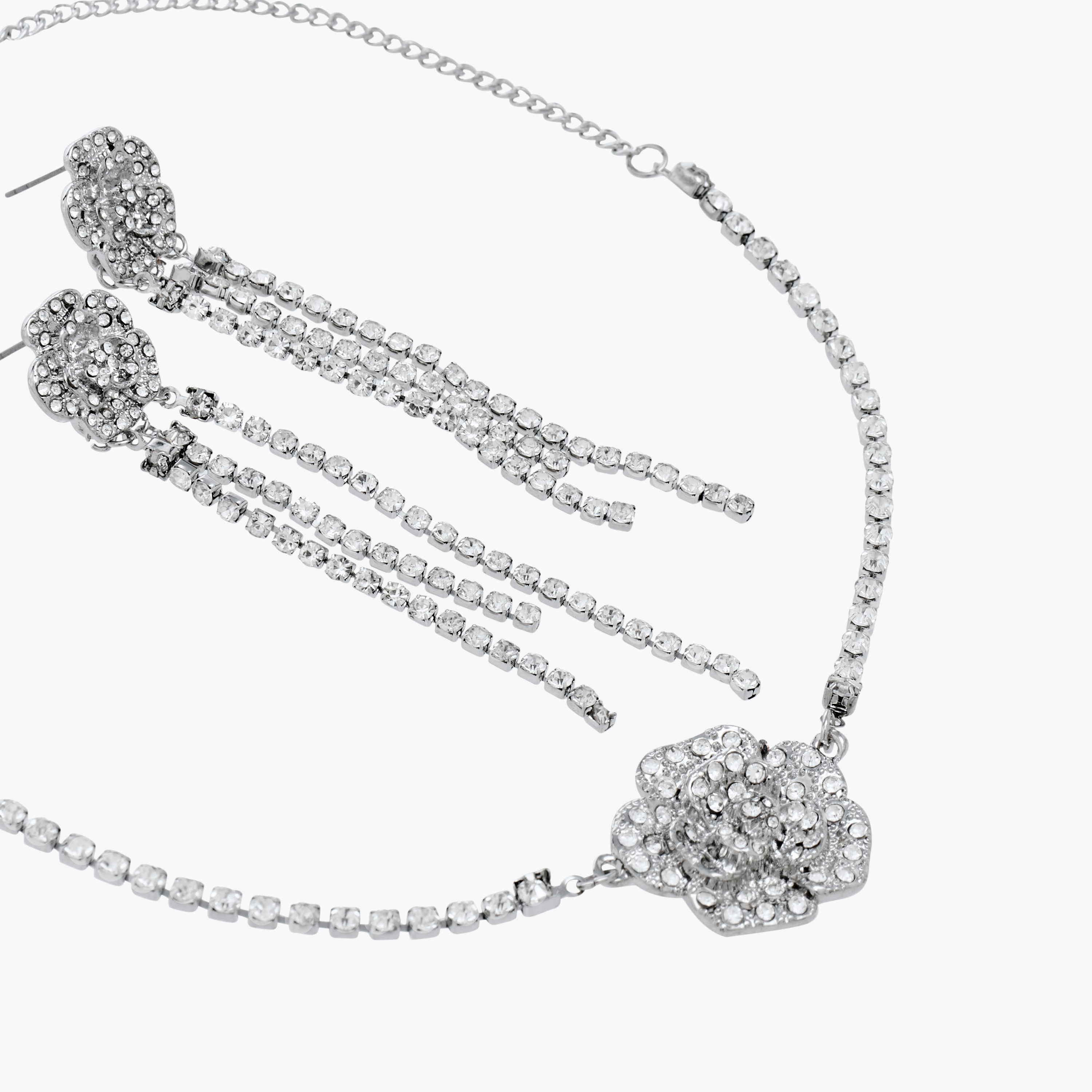 Set of 2 - Floral Embellished Metallic Necklace and Earrings-women-watchesandjewellery-jewellery-jewellerysets-image-4
