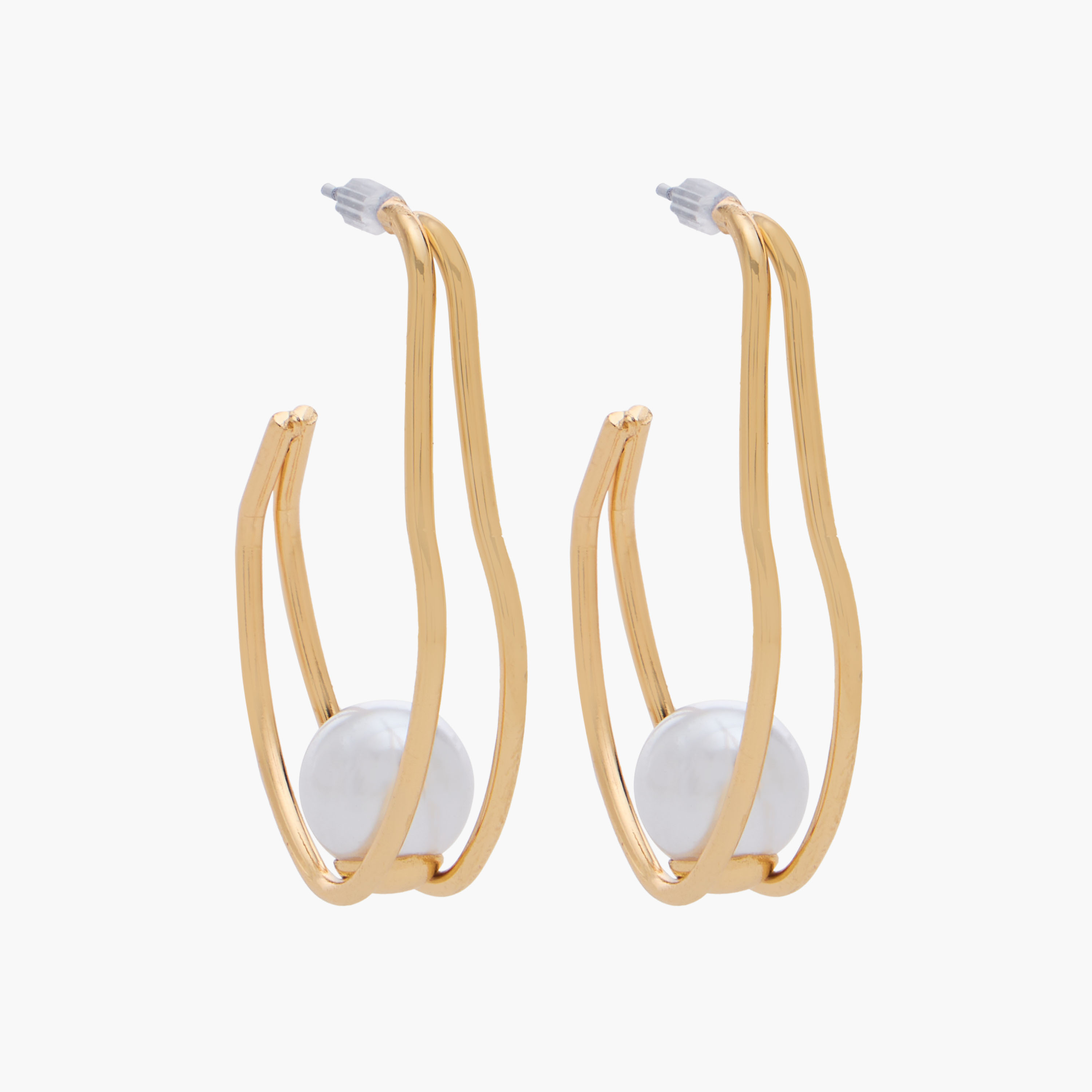 Metallic Pearl Embellished Hoop Earrings with Pushback Closure-women-watchesandjewellery-jewellery-earrings-image-2