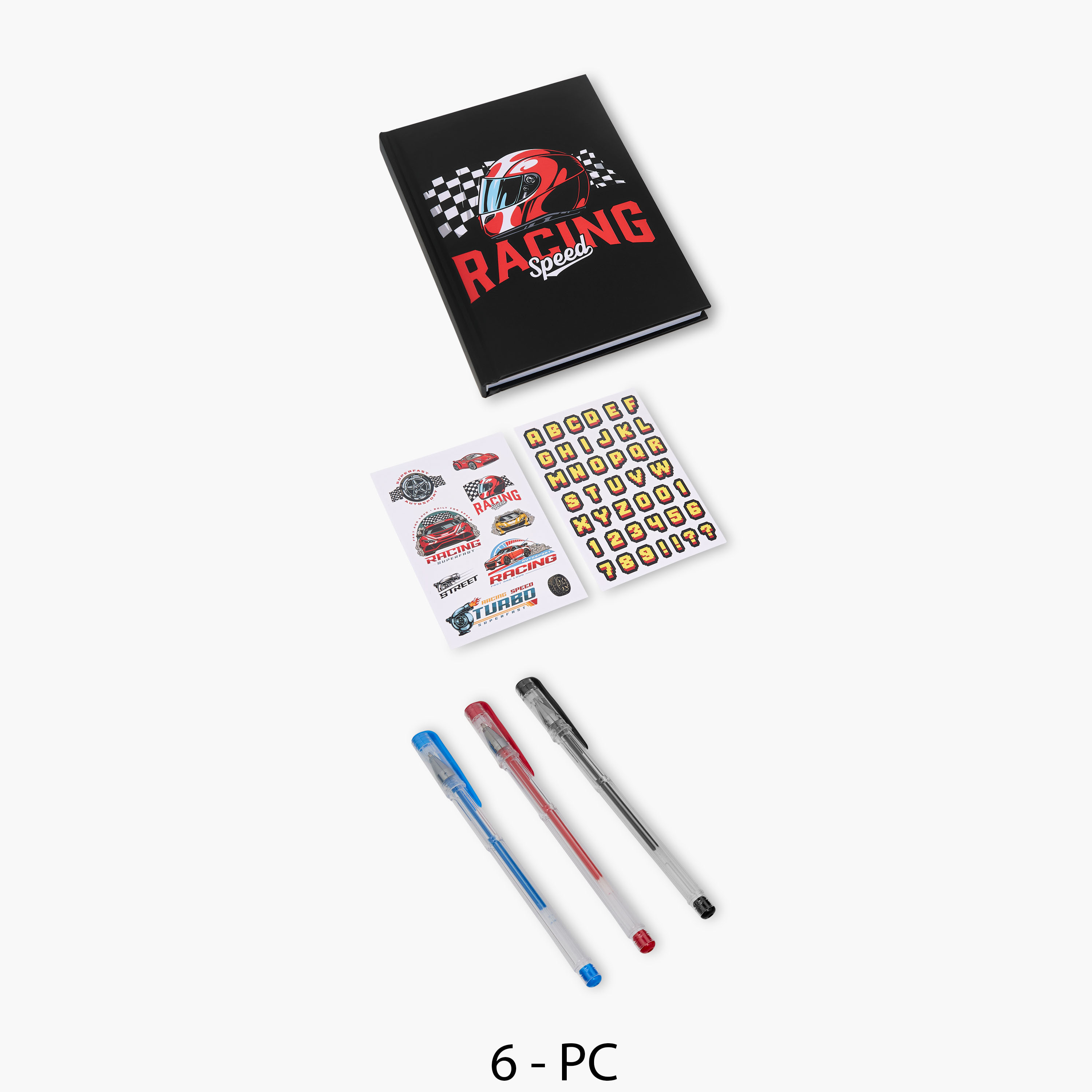 Racing Print Stationery Set with Notebook, Stickers, Pens - 6-Piece-school-stationery-sets-image-1