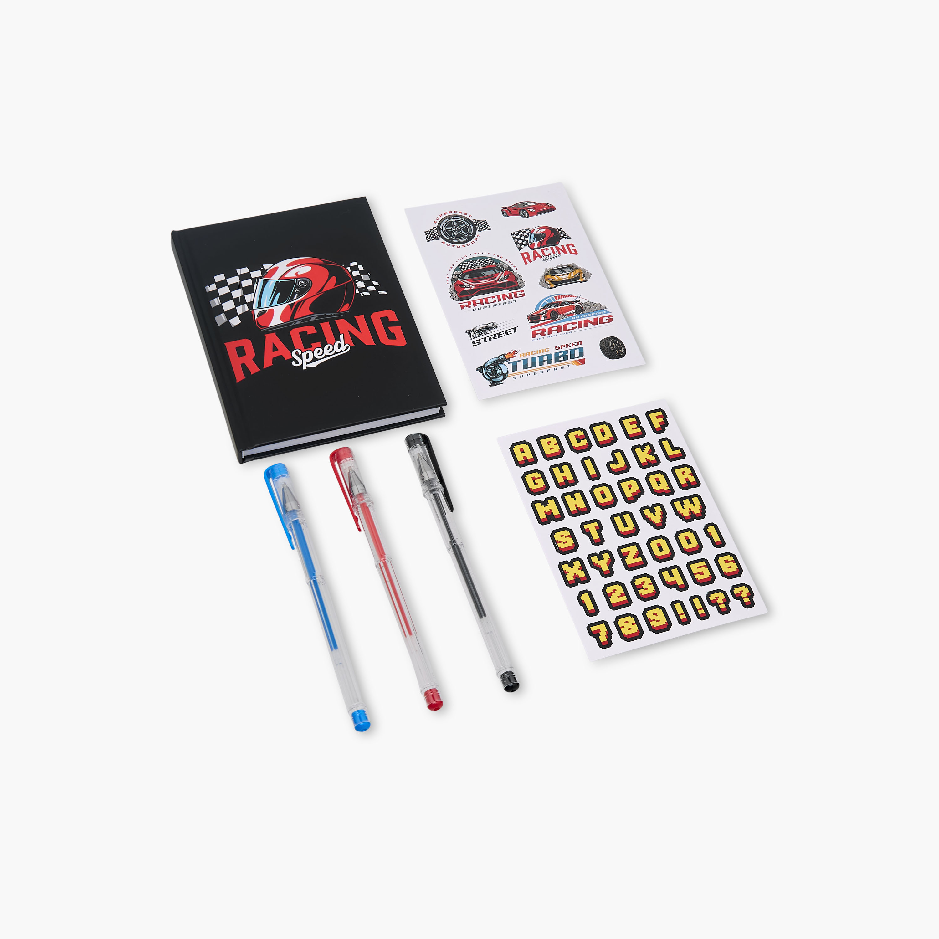 Racing Print Stationery Set with Notebook, Stickers, Pens - 6-Piece-school-stationery-sets-image-2