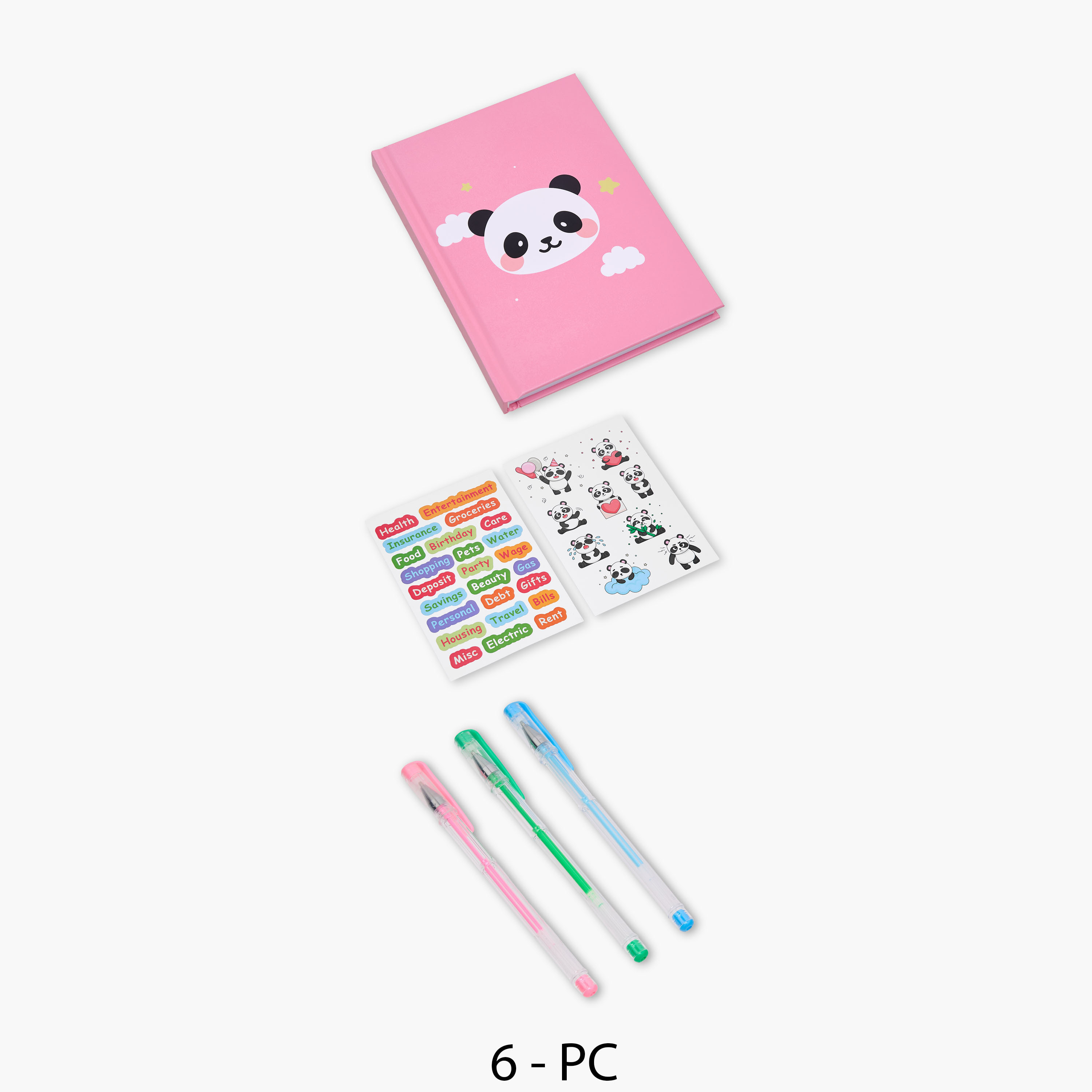 Panda Print Stationery Set with Notebook, Stickers, Pens - 6-Piece-school-stationery-sets-image-1