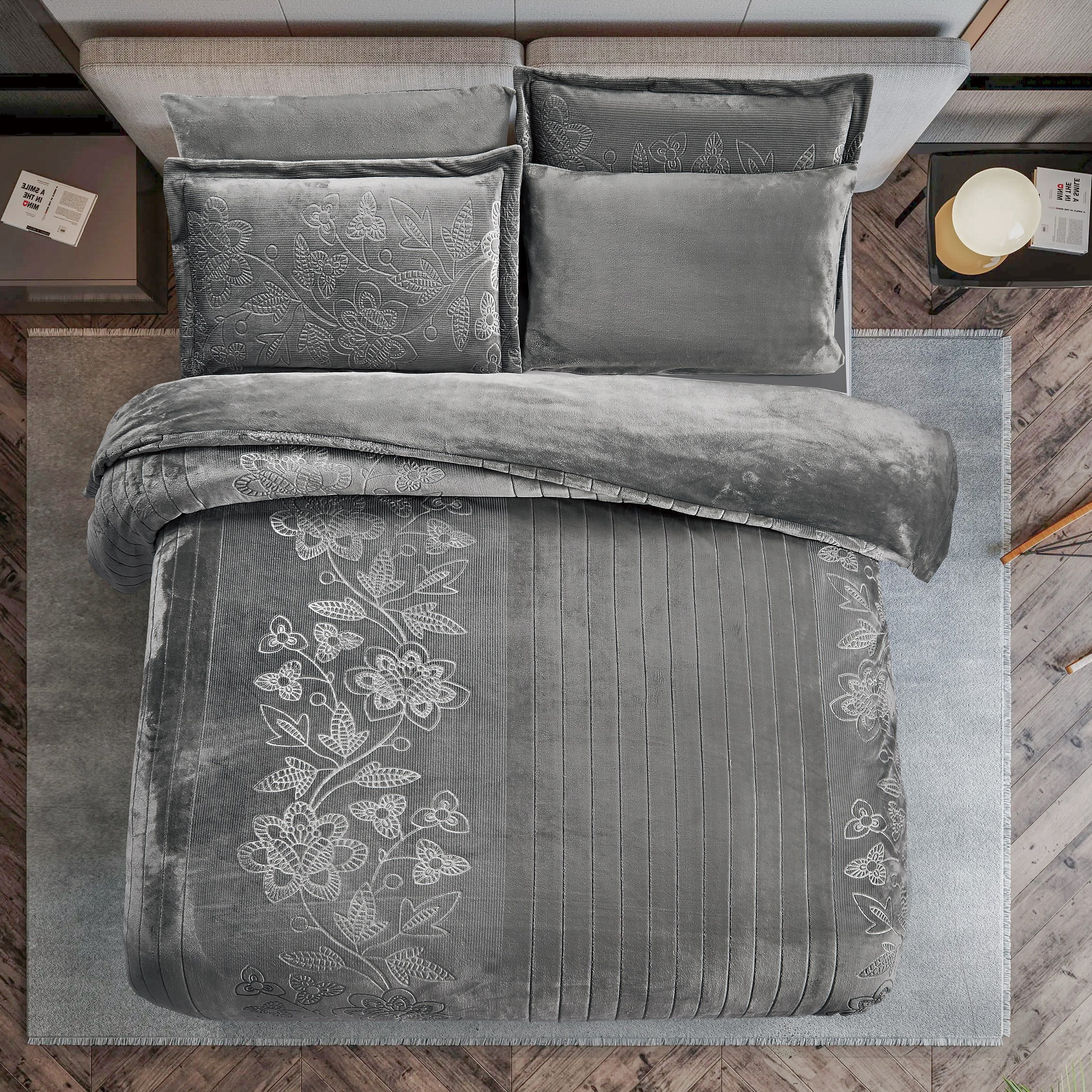 طقم لحاف مخملي مطرز رمادي-household-bedding-comfortersandbedspreads-comforters-image-2