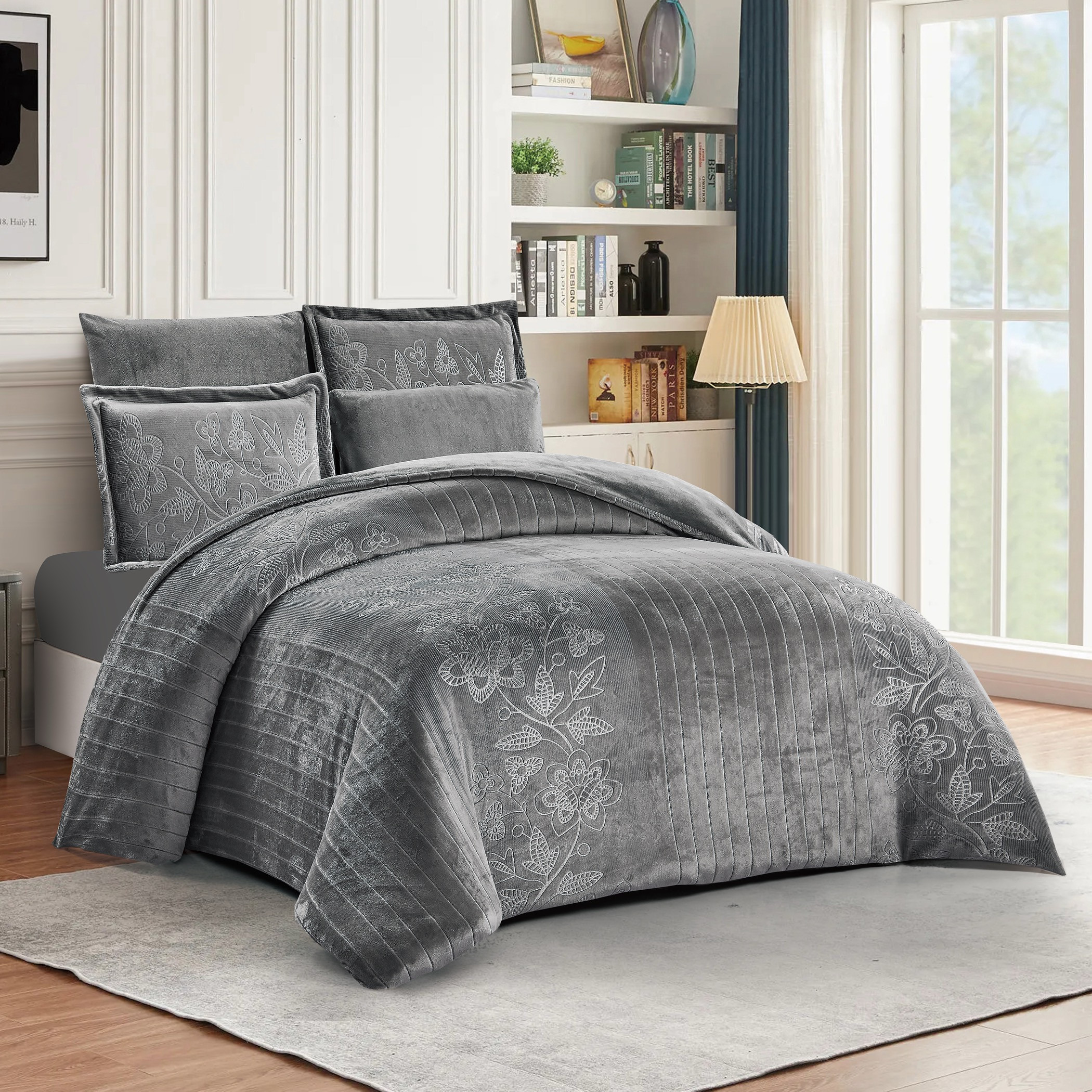 طقم لحاف مخملي مطرز رمادي-household-bedding-comfortersandbedspreads-comforters-image-3