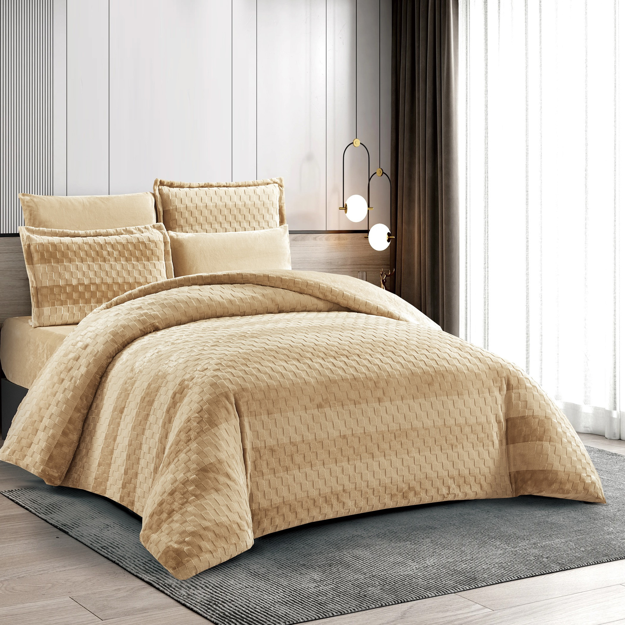 طقم لحاف مخملي منقوش، بيج، كينج-household-bedding-comfortersandbedspreads-comforters-image-4