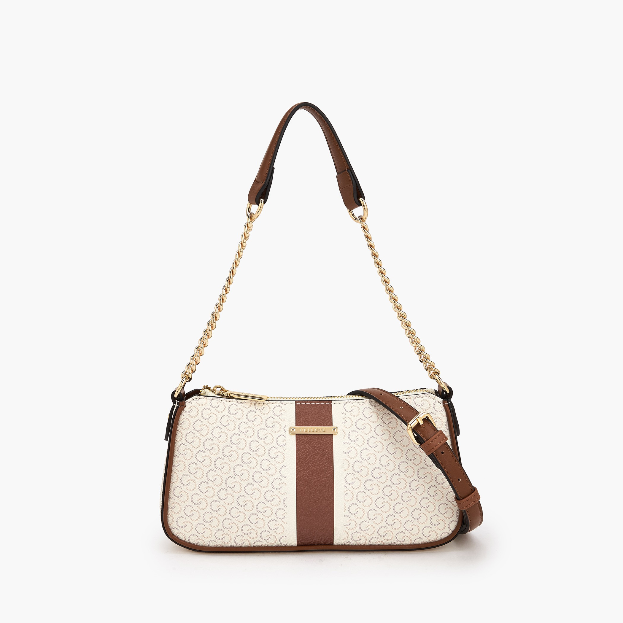 Celeste Monogram Print Shoulder Bag with Zip Closure-women-bagsandwallets-handbags-image-1