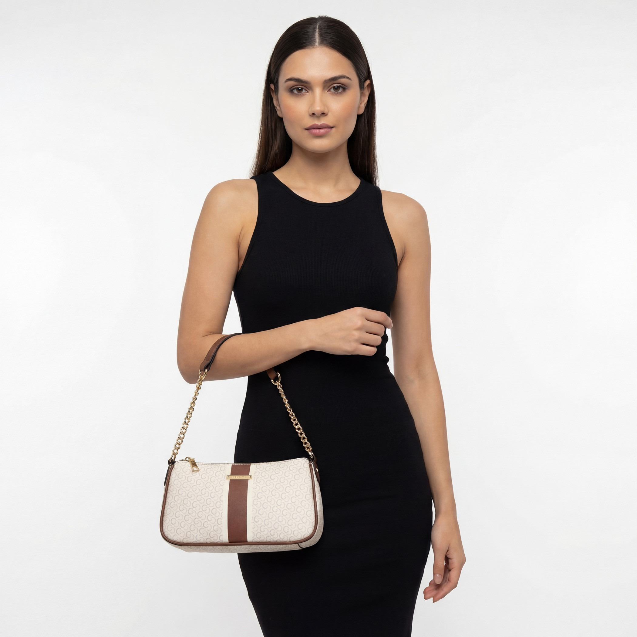 Celeste Monogram Print Shoulder Bag with Zip Closure-women-bagsandwallets-handbags-image-2