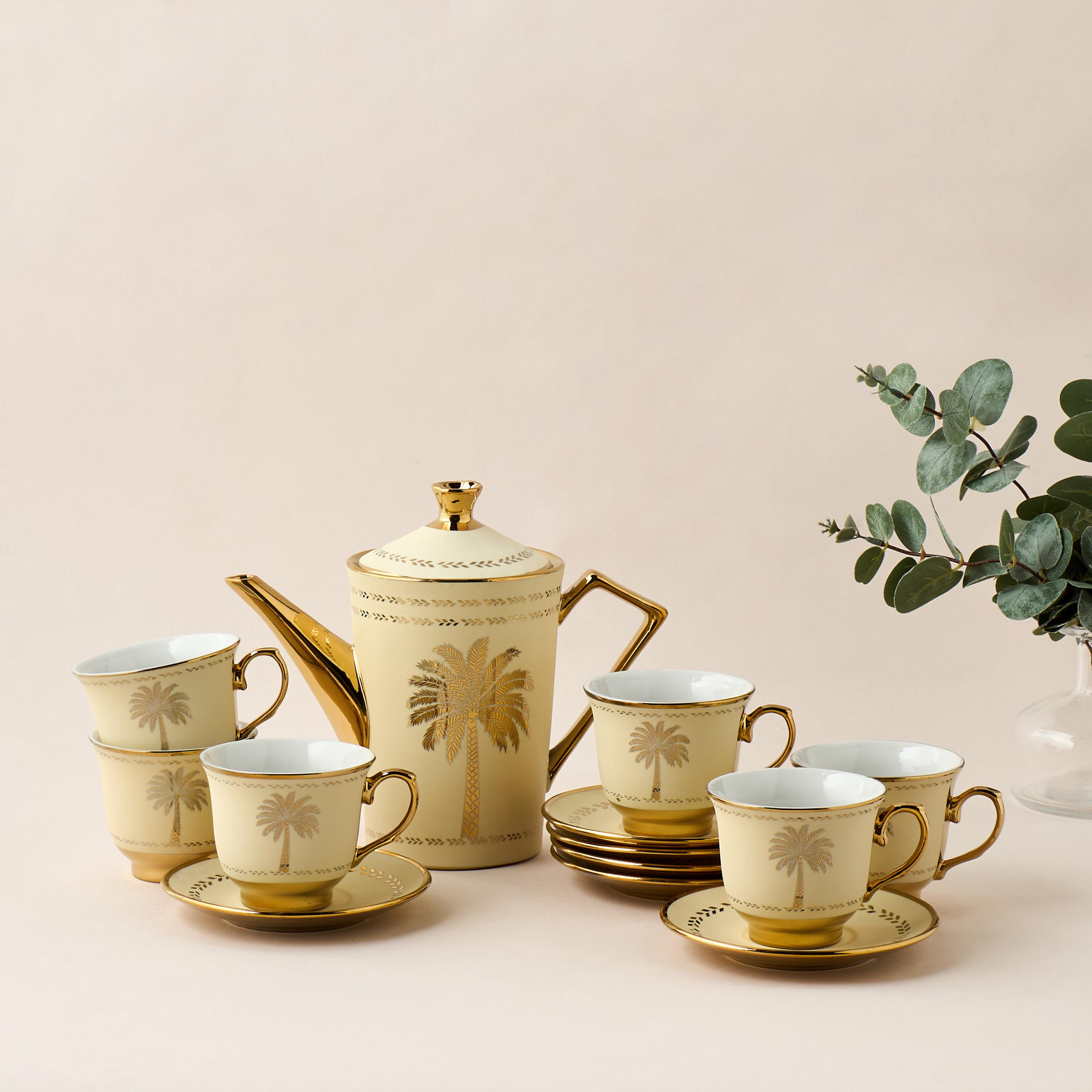 Palm Tree Print 13-Piece Porcelain Cup and Saucer Set with Teapot-household-dining-teaandcoffee-teaandcoffeesets-image-1