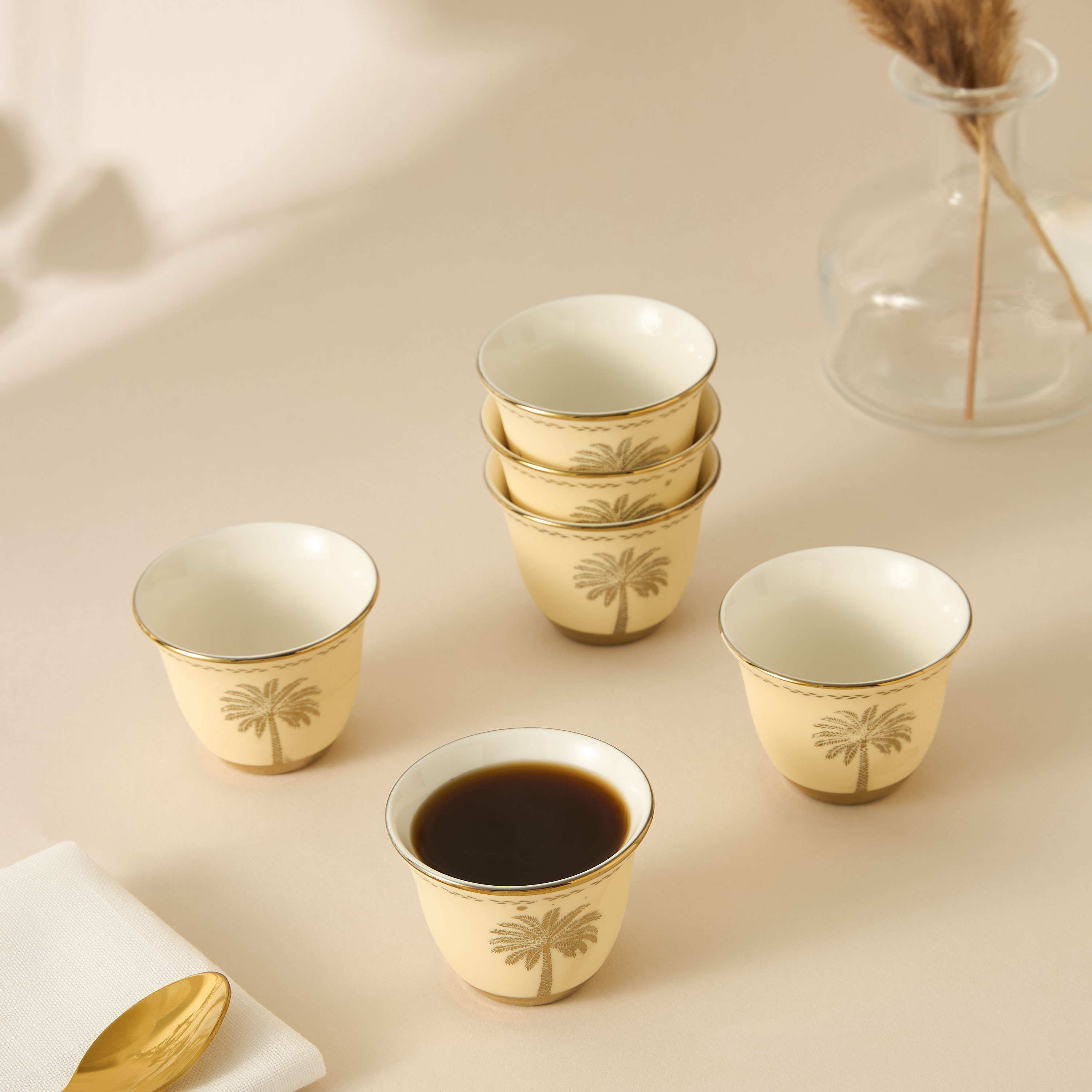 Palm Tree Print 6-Piece Bone China Kahwa Cup Set - 80 ml-household-dining-teaandcoffee-teaandcoffeesets-image-1