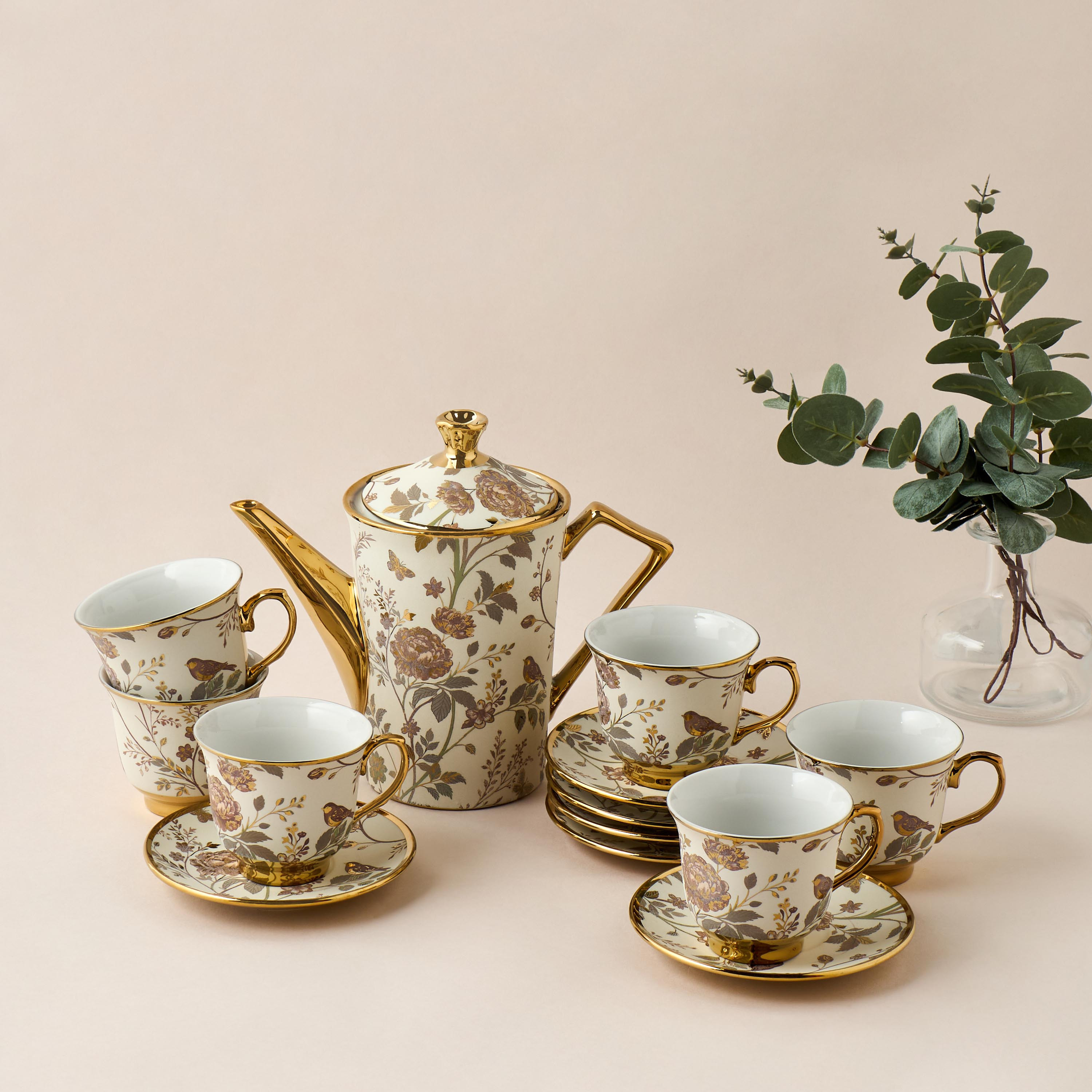 Alina Floral Print 13-Piece Porcelain Cup and Saucer Set with Teapot-household-dining-teaandcoffee-teaandcoffeesets-image-1