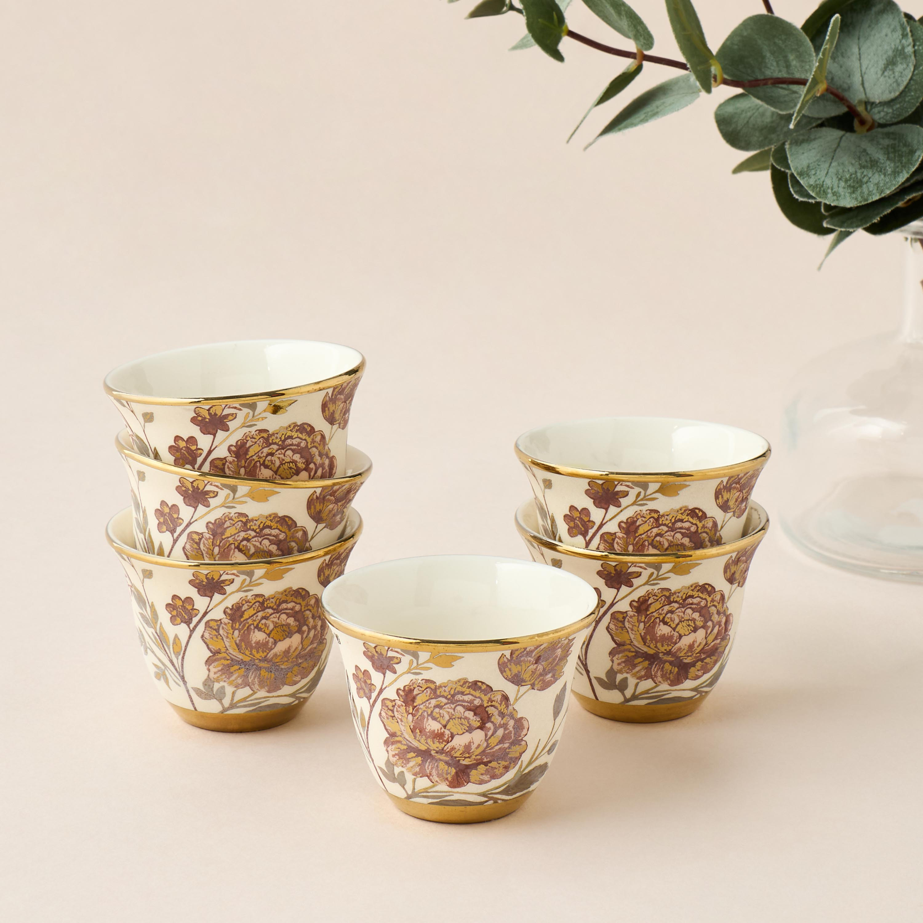 Alina Floral Print 6-Piece Bone China Kahwa Cup Set - 80 ml-household-dining-teaandcoffee-teaandcoffeesets-image-1