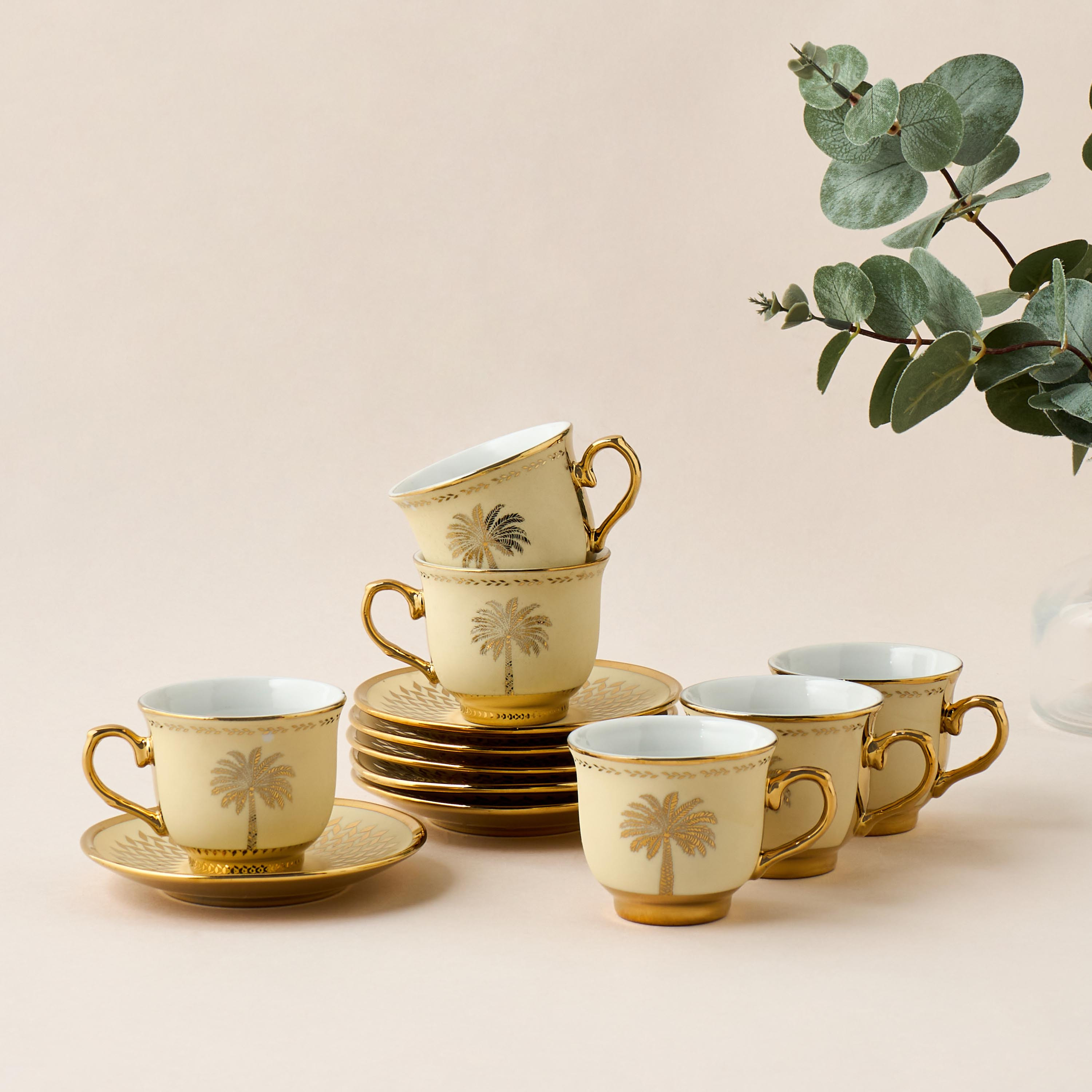 Palm Tree Print 12-Piece Porcelain Cup and Saucer Set - 90 ml-household-dining-teaandcoffee-teaandcoffeesets-image-1