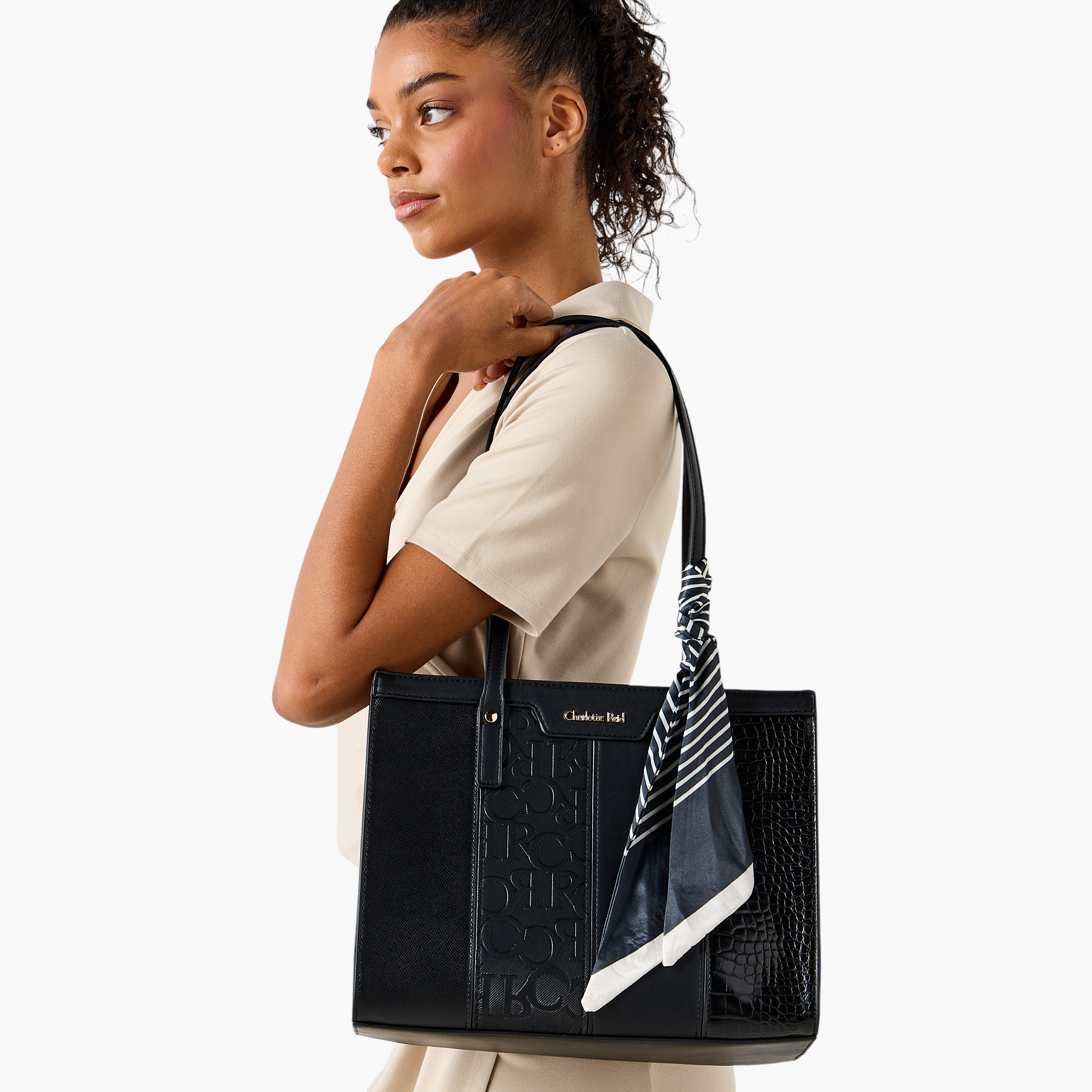 Charlotte Reid Monogram Panelled Tote Bag with Scarf Detail-women-bagsandwallets-handbags-image-2