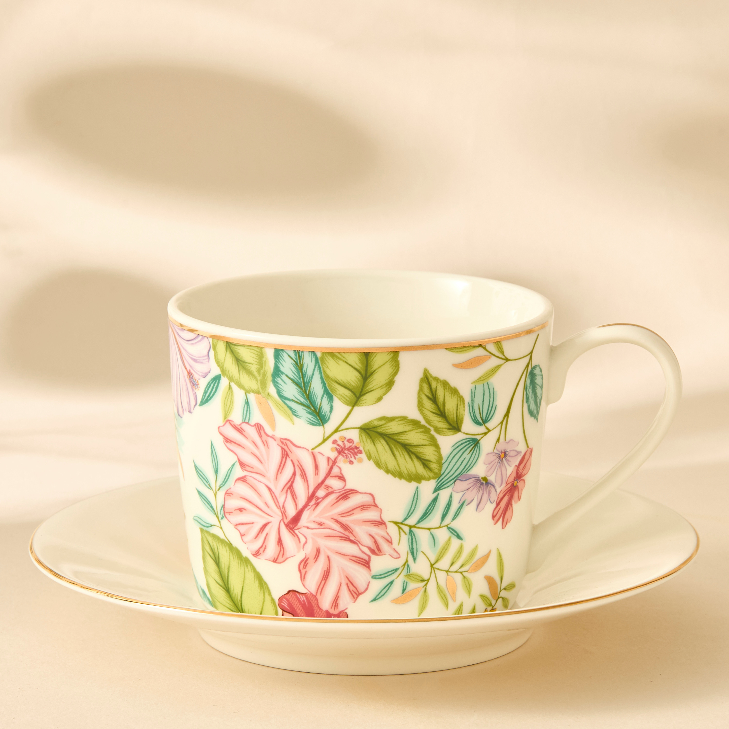 Summer Hot Flower Printed Ceramic Cup and Saucer Set-household-dining-teaandcoffee-teaandcoffeesets-image-1