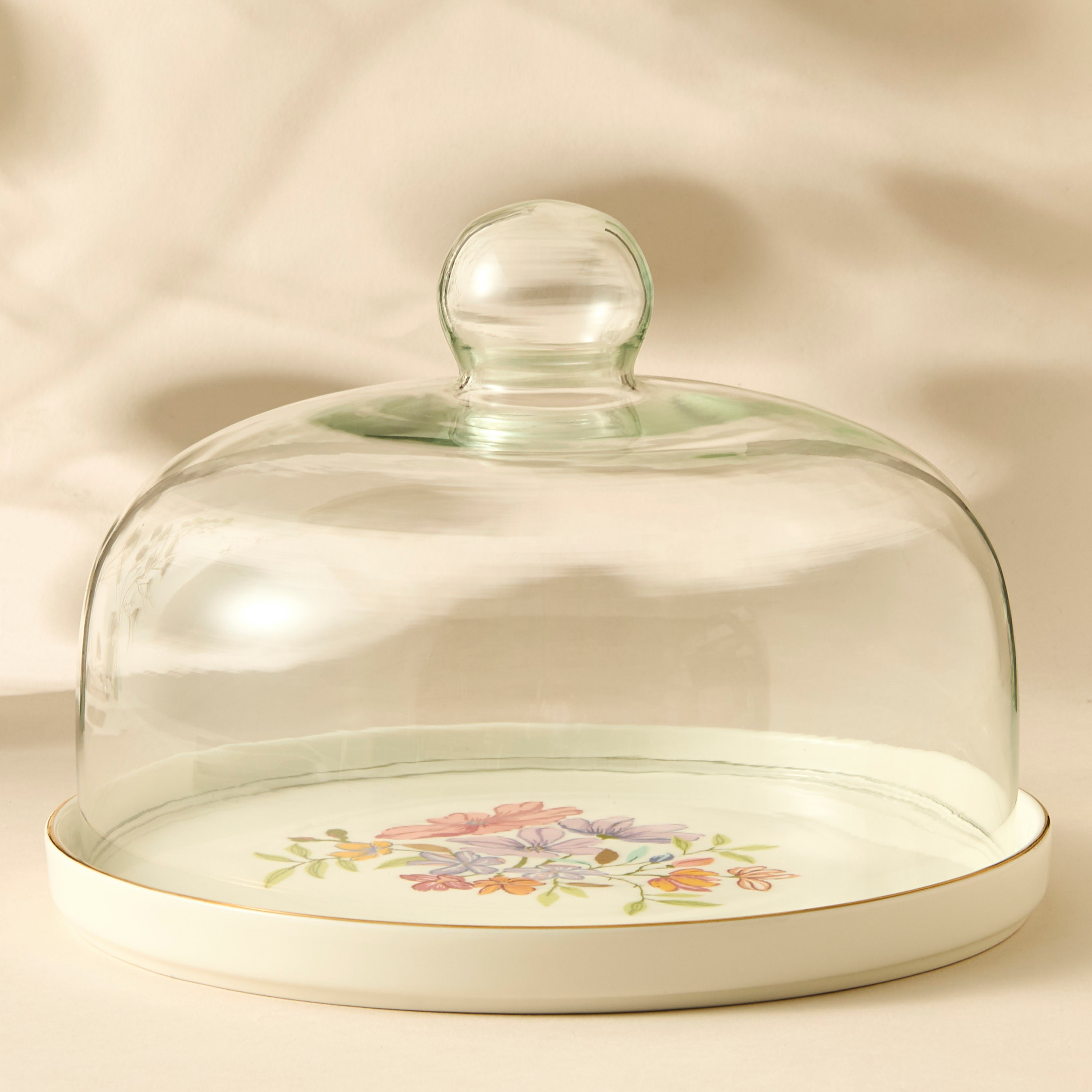 Summer Hot Flower Printed Ceramic Cake Platter with Dome Lid-household-dining-serveware-cakestands-image-1
