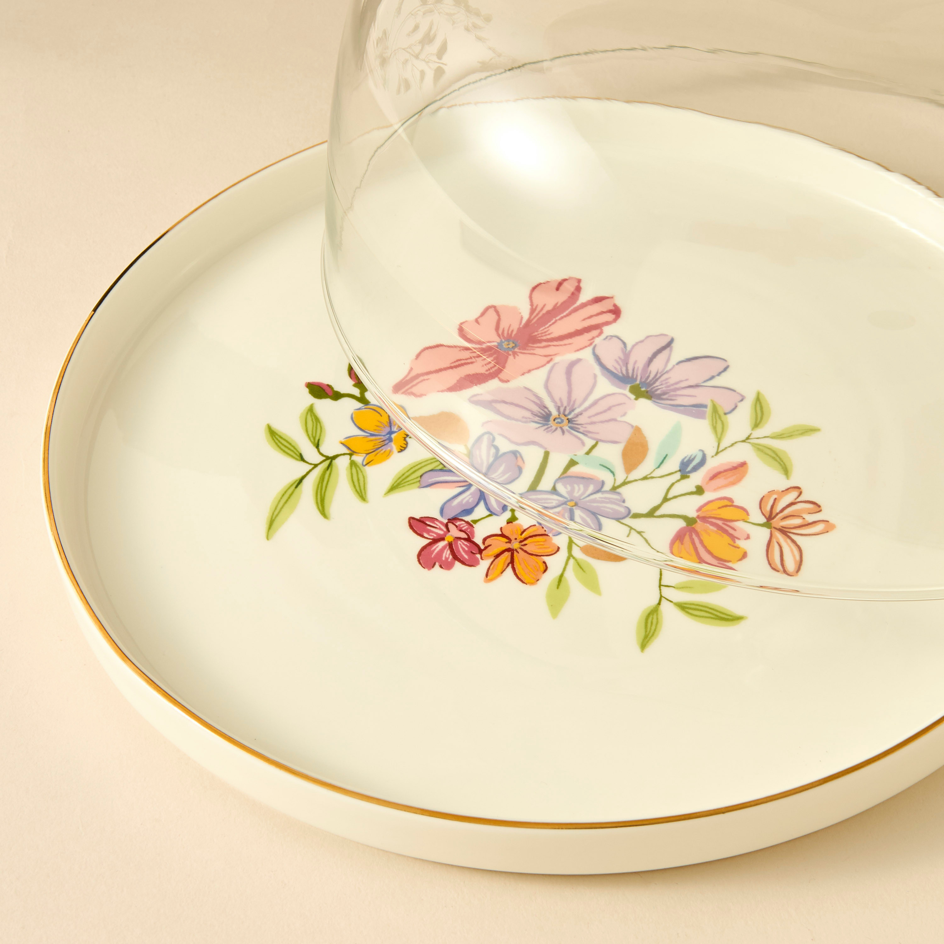Summer Hot Flower Printed Ceramic Cake Platter with Dome Lid-household-dining-serveware-cakestands-image-3