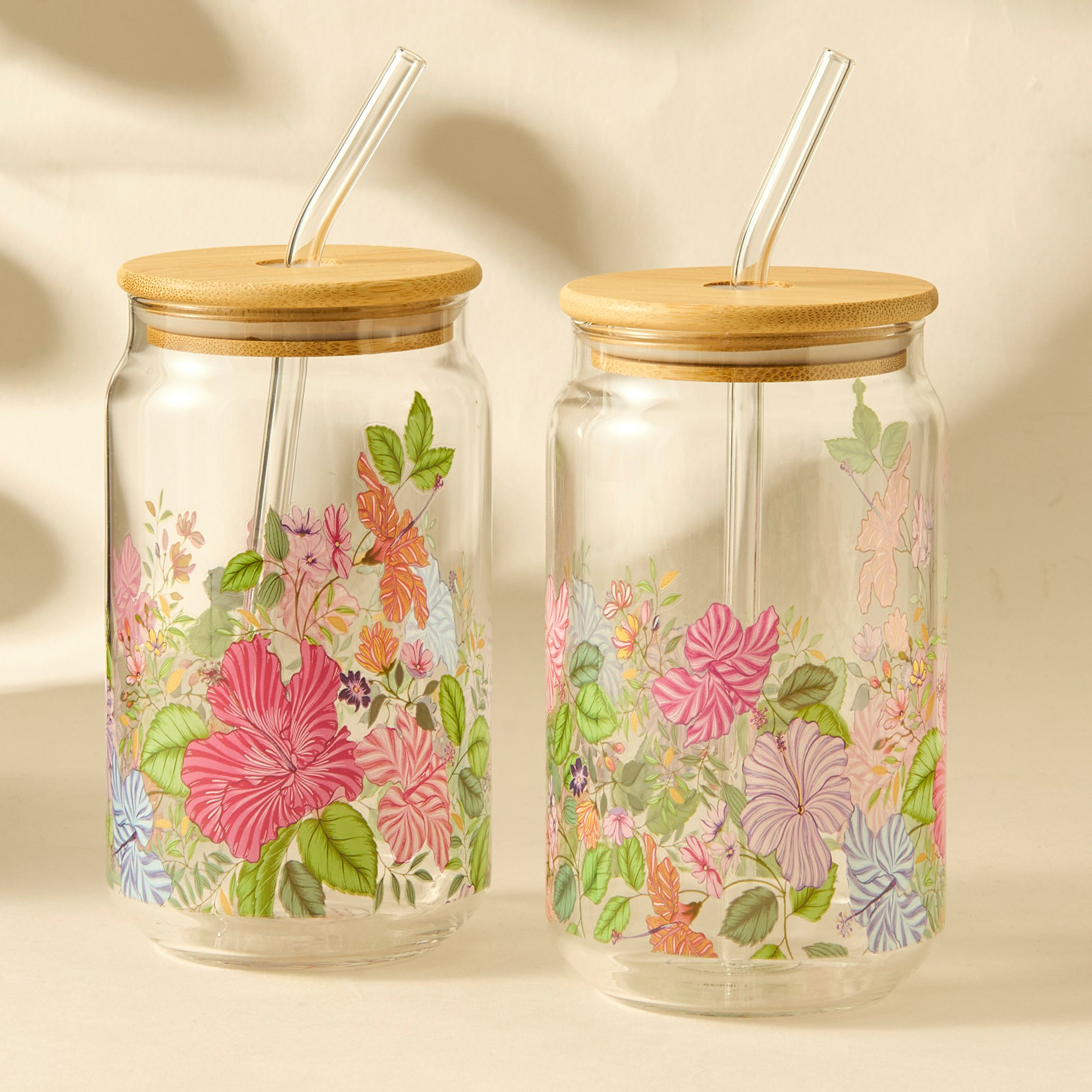 أكواب زجاج بطبعات أزهار وقشّة - طقم من قطعتين-household-dining-teaandcoffee-travelmugsandsippers-image-5