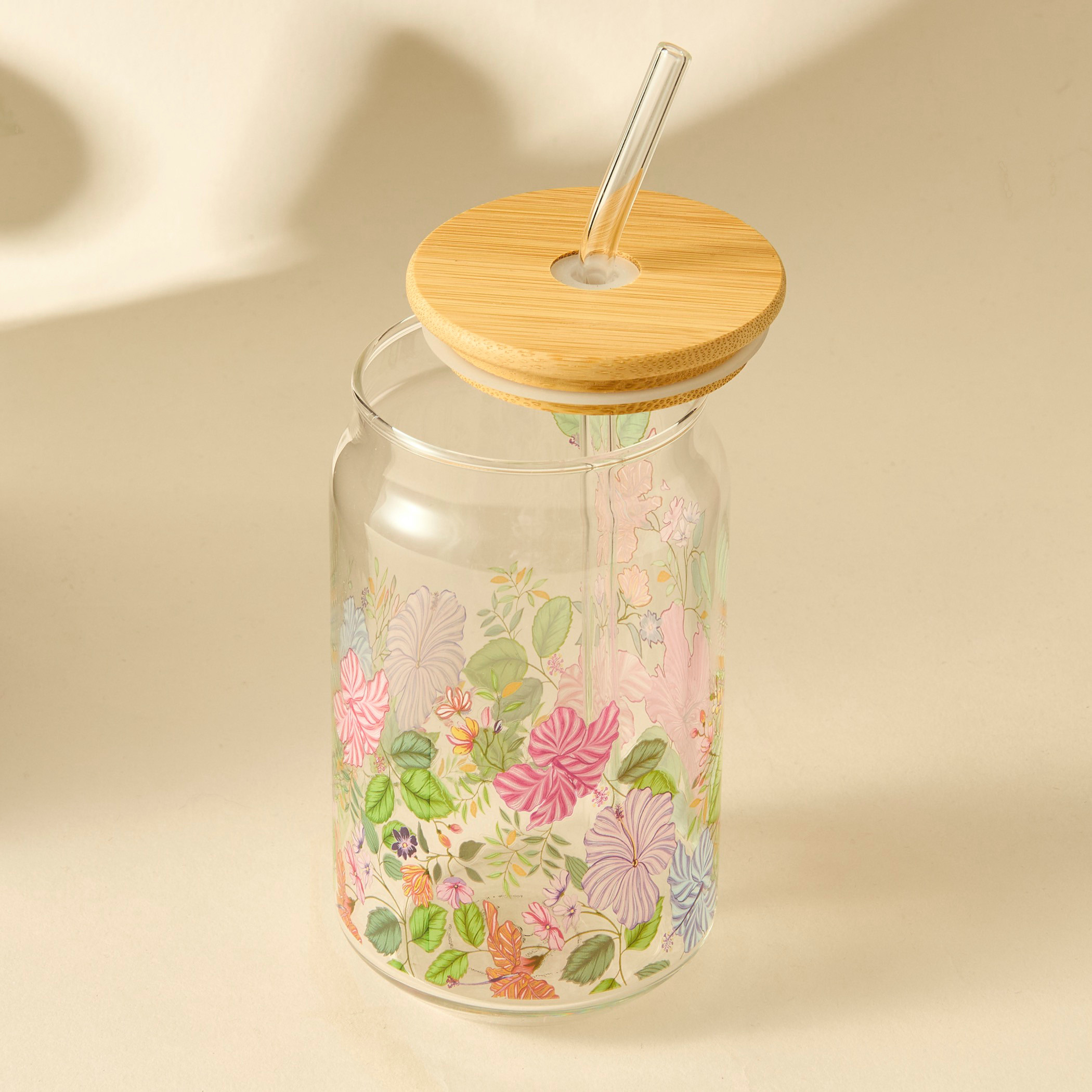 أكواب زجاج بطبعات أزهار وقشّة - طقم من قطعتين-household-dining-teaandcoffee-travelmugsandsippers-image-2