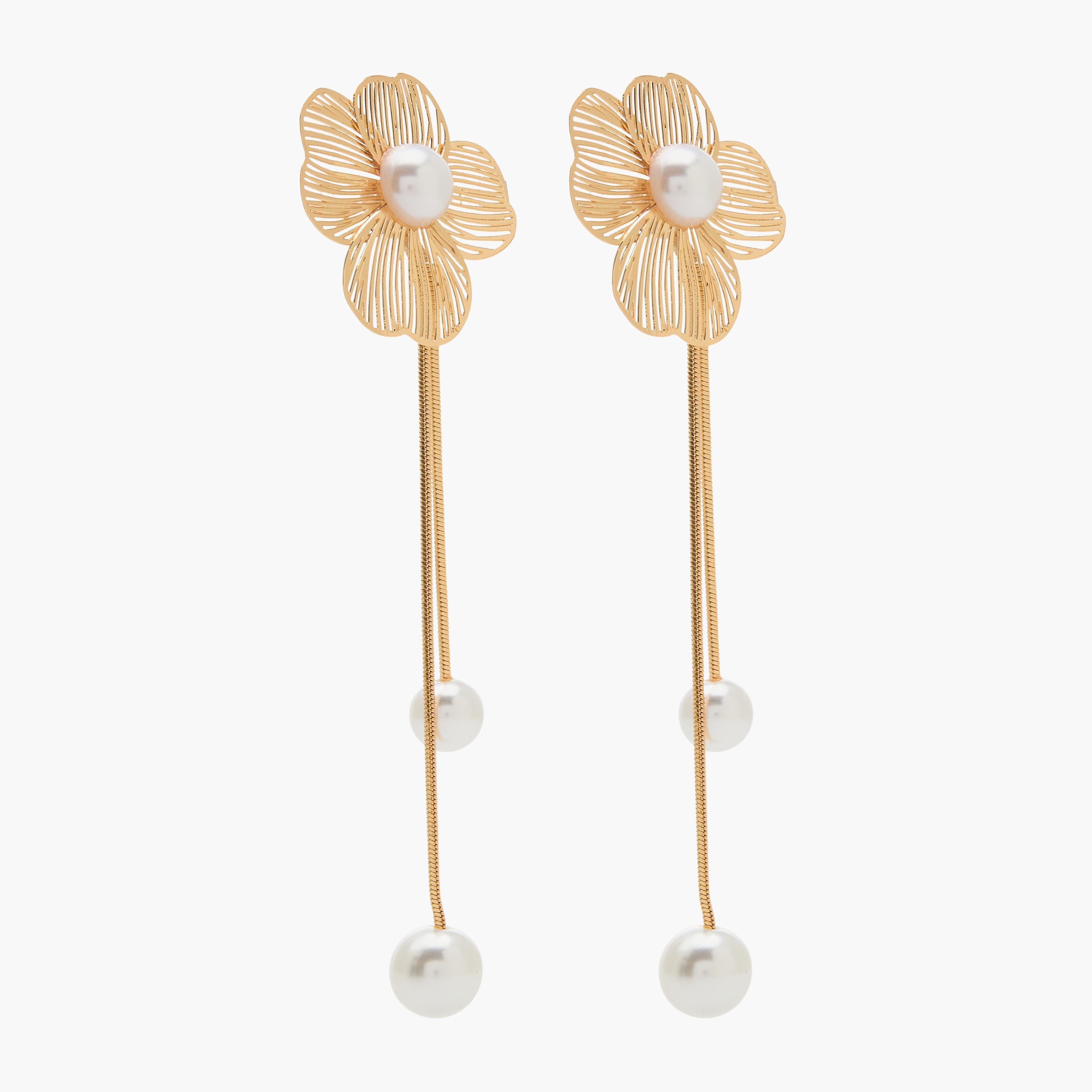 Gold Tone Pearl Embellished Drop Earrings with Pushback Closure-women-watchesandjewellery-jewellery-earrings-image-2
